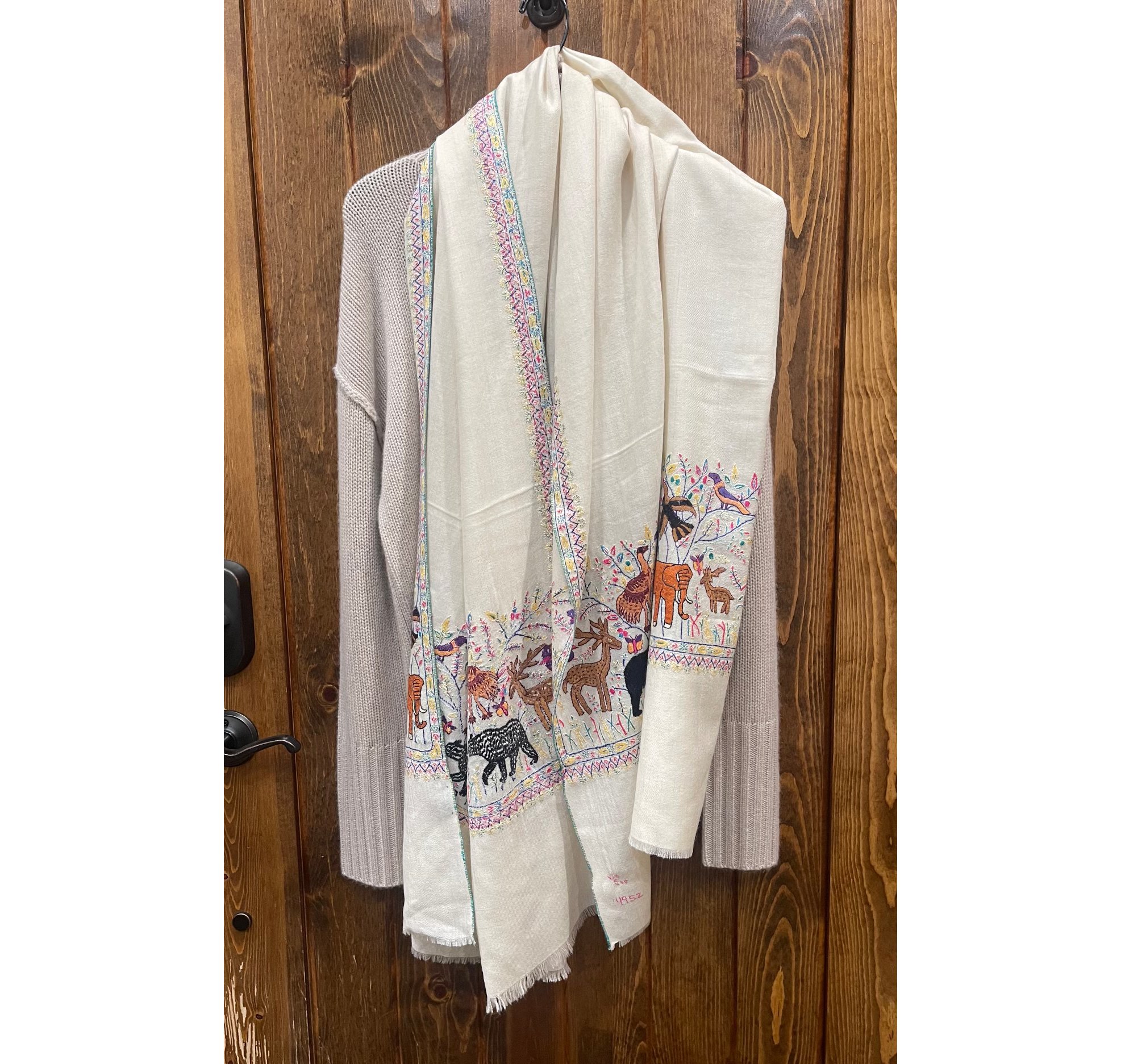 Cream Shawl with Embroidered Animals