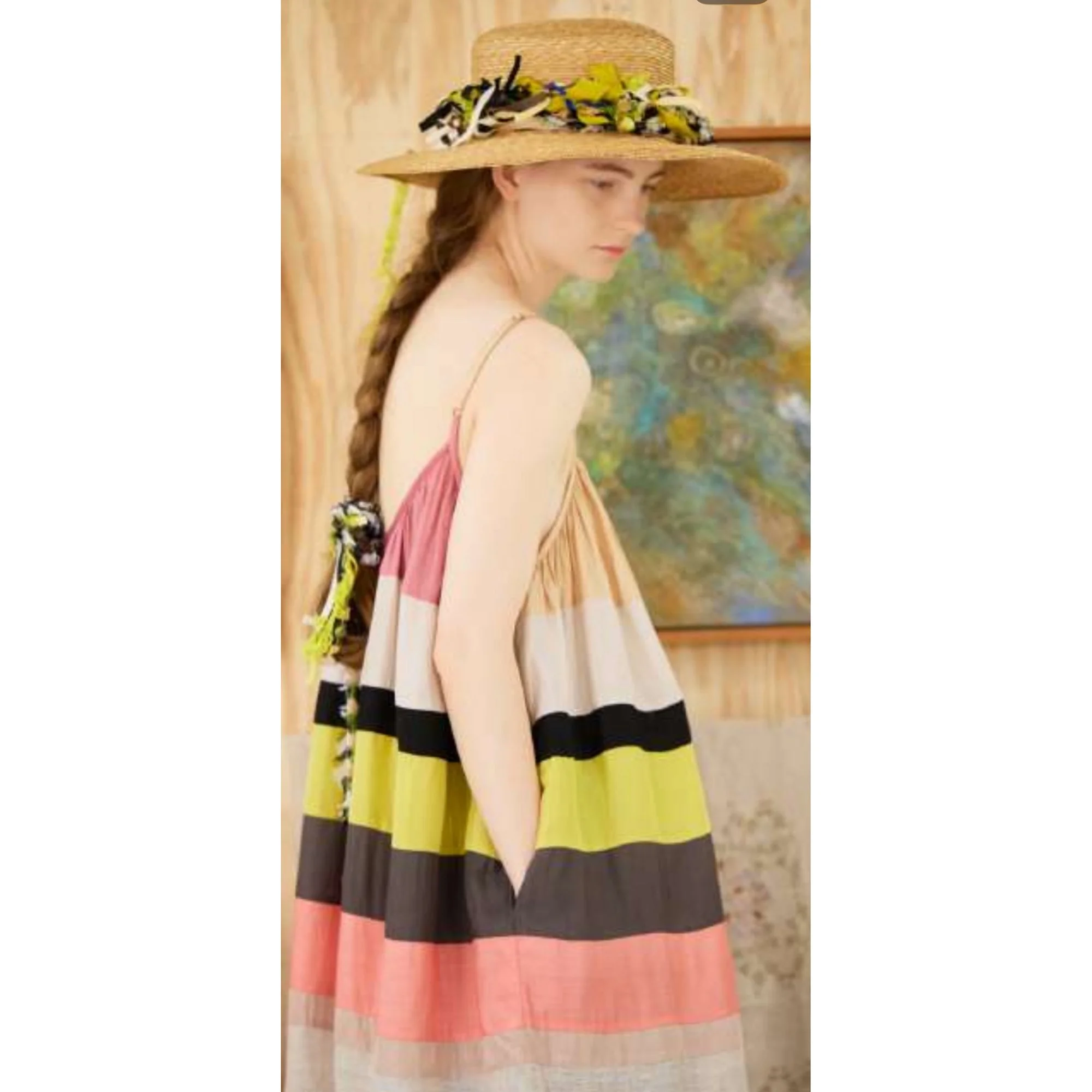 (Pre-Order) Multi Striped Patchwork Thin Strap Gather Dress