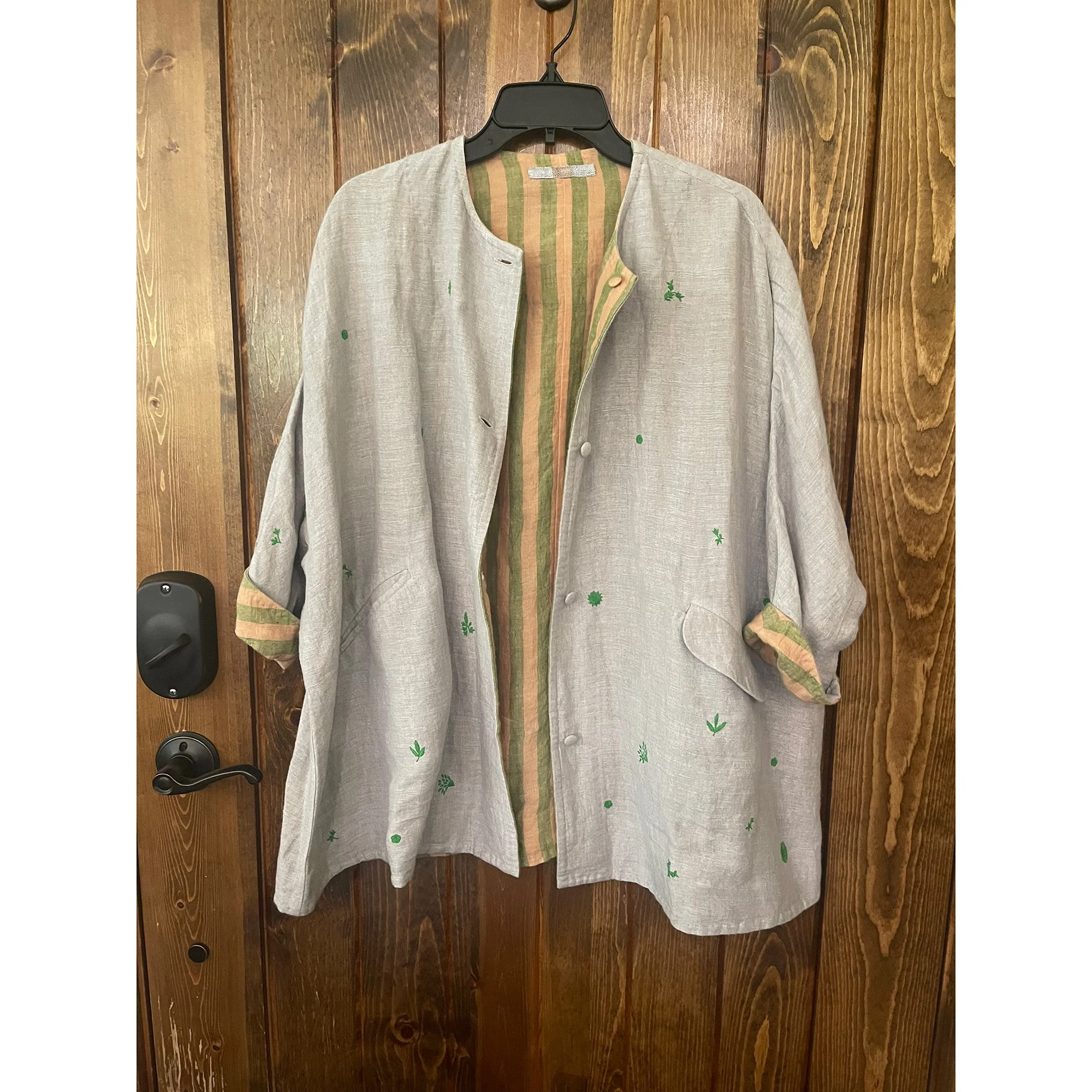 Khaki Reversible Coat with Embroidered Green Flowers