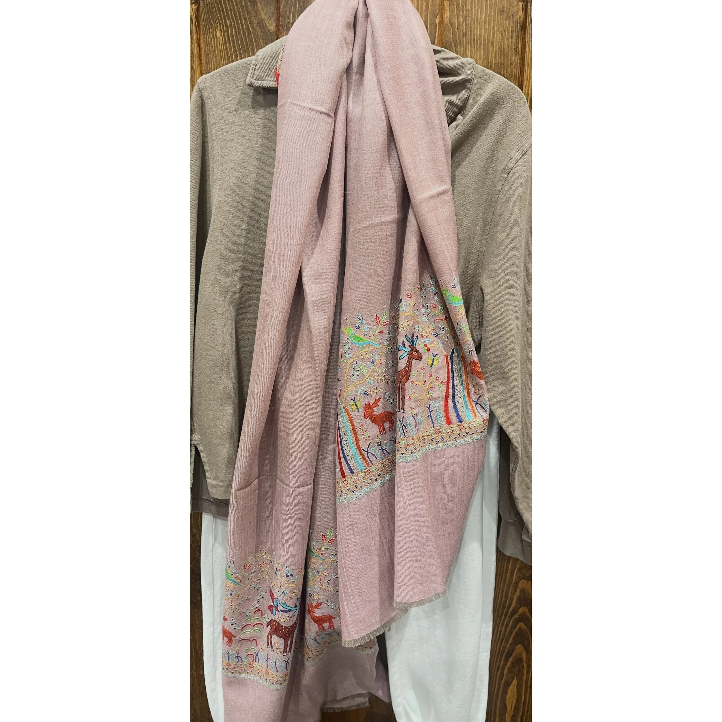 Blush Pink Shawl with Embroidered Animals