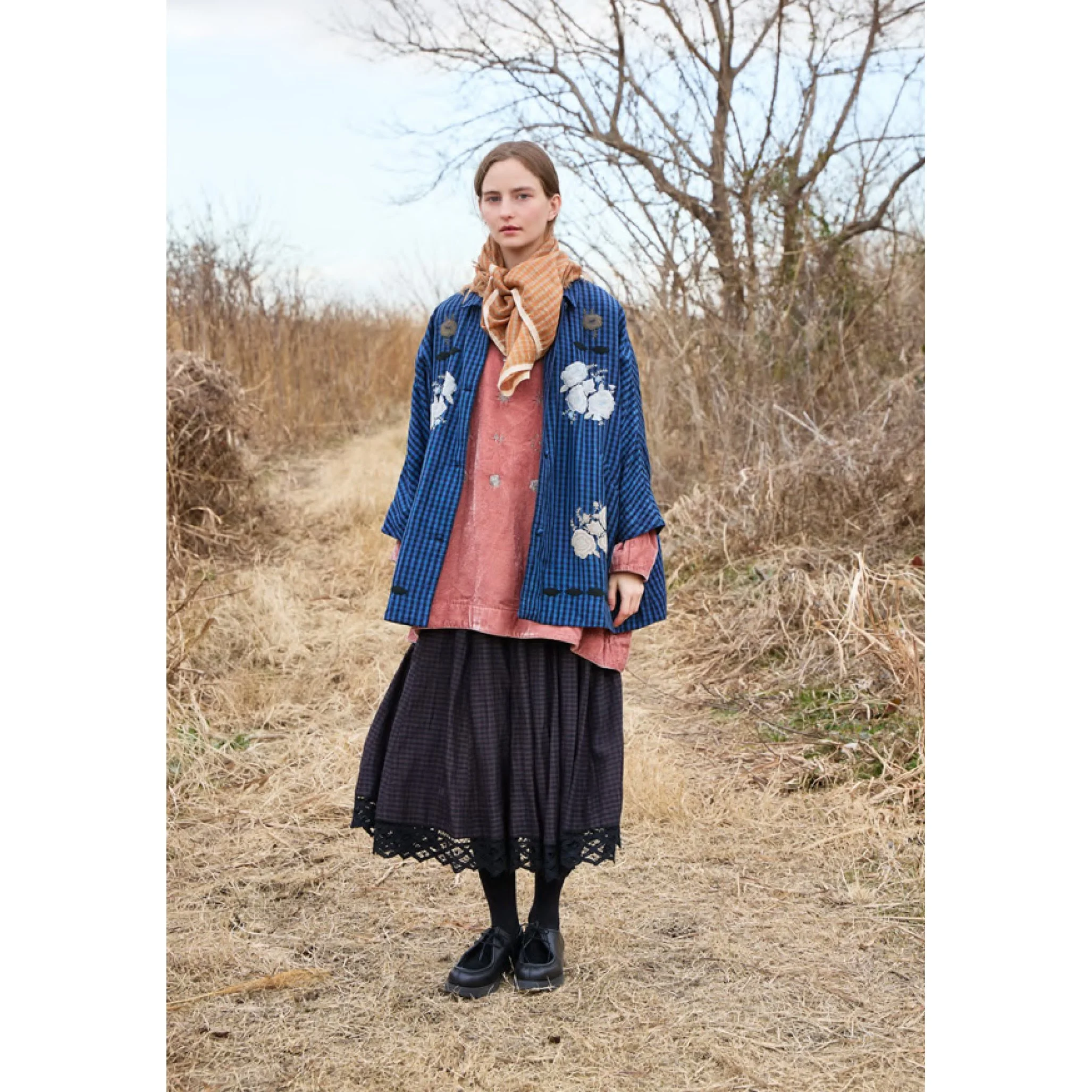 (Pre-Order) Phil's Large Flower Beads Loose Fit Coat in Dal Blue Check