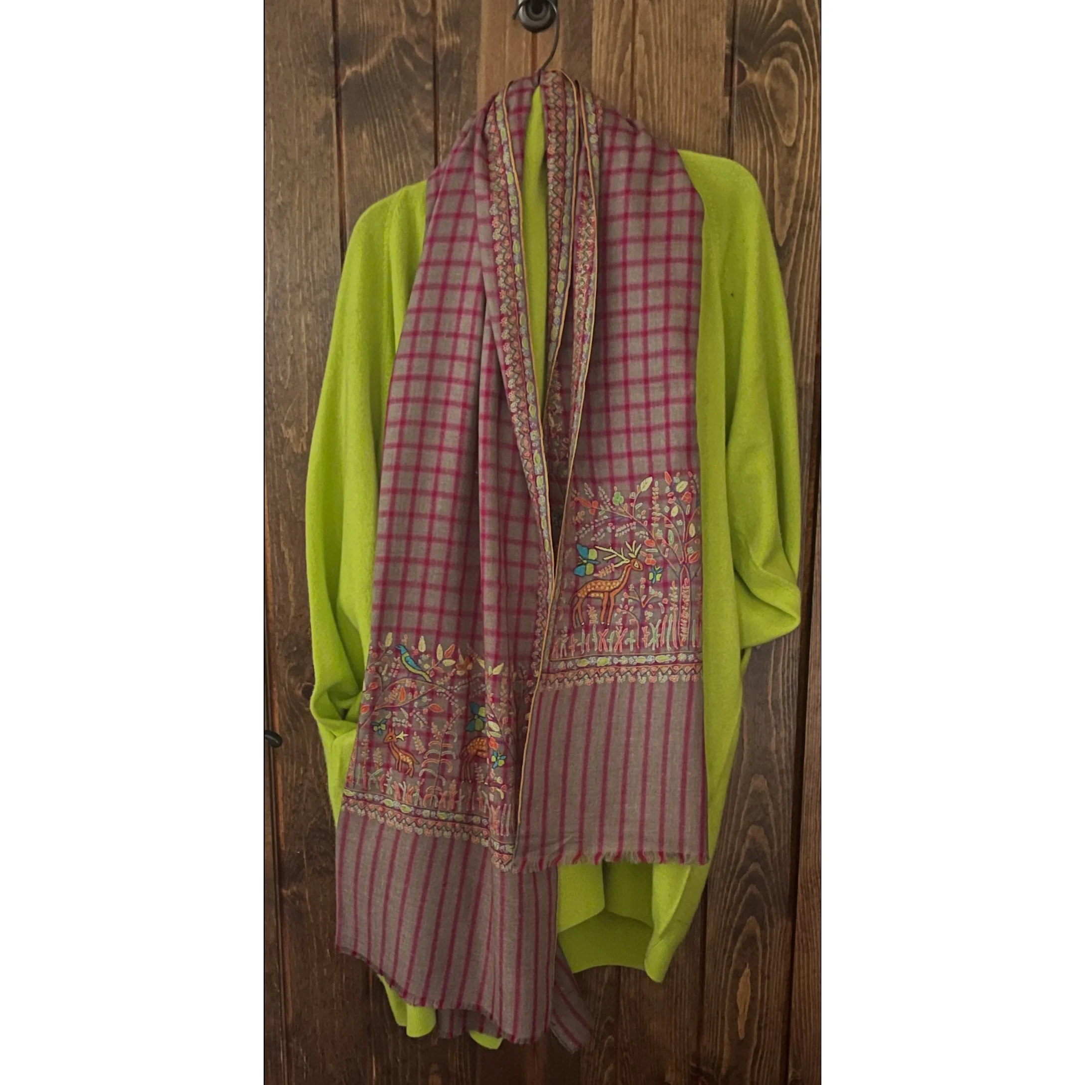 Berry/Khaki Check Shawl with Embroidered Animals