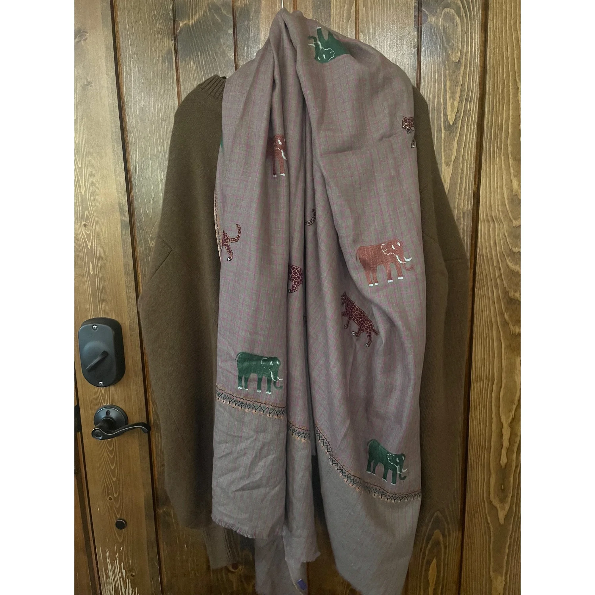 Pink/Khaki Check Shawl With Embroidered Elephants & Tigers