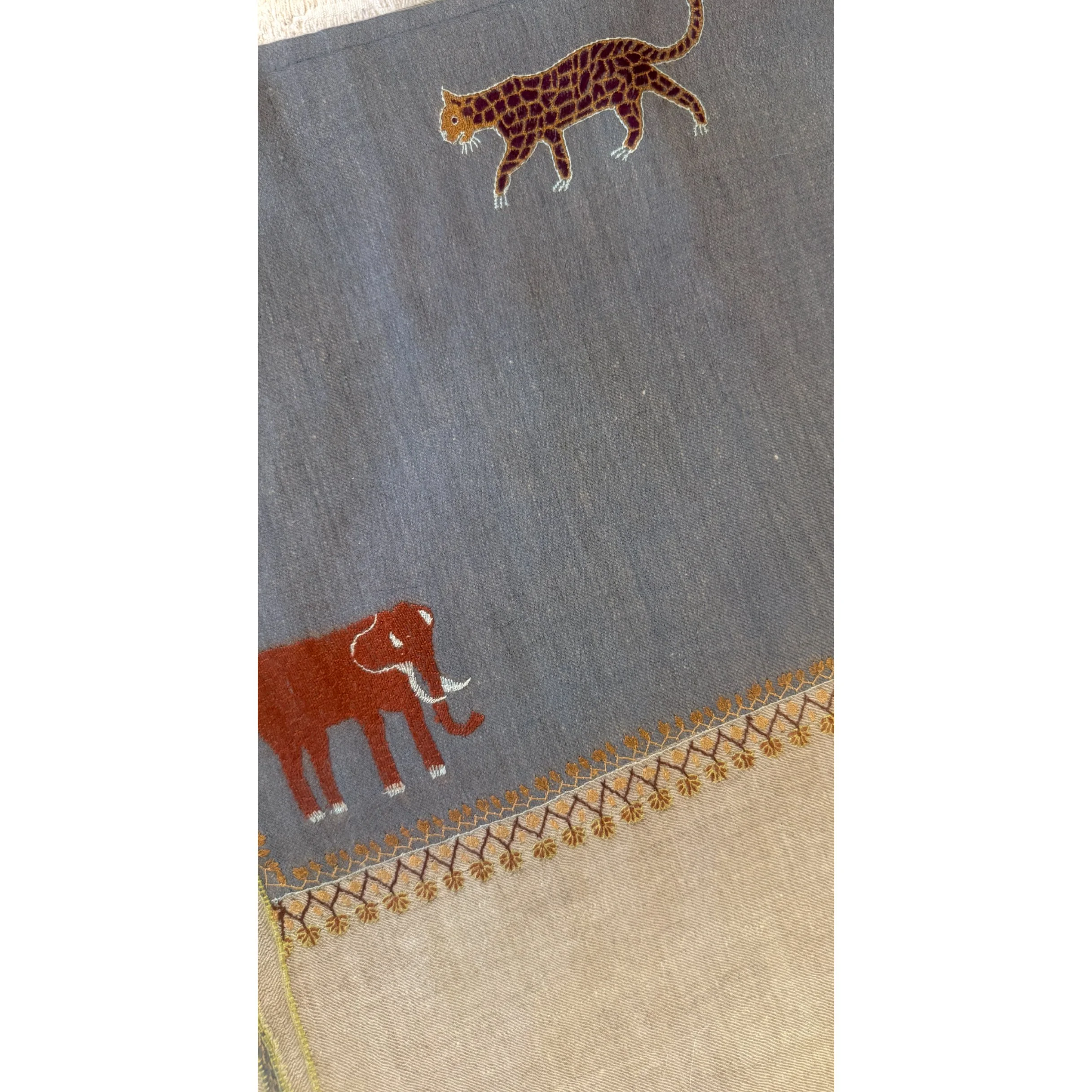 Gray/Beige Shawl With Embroidered Elephants & Tigers