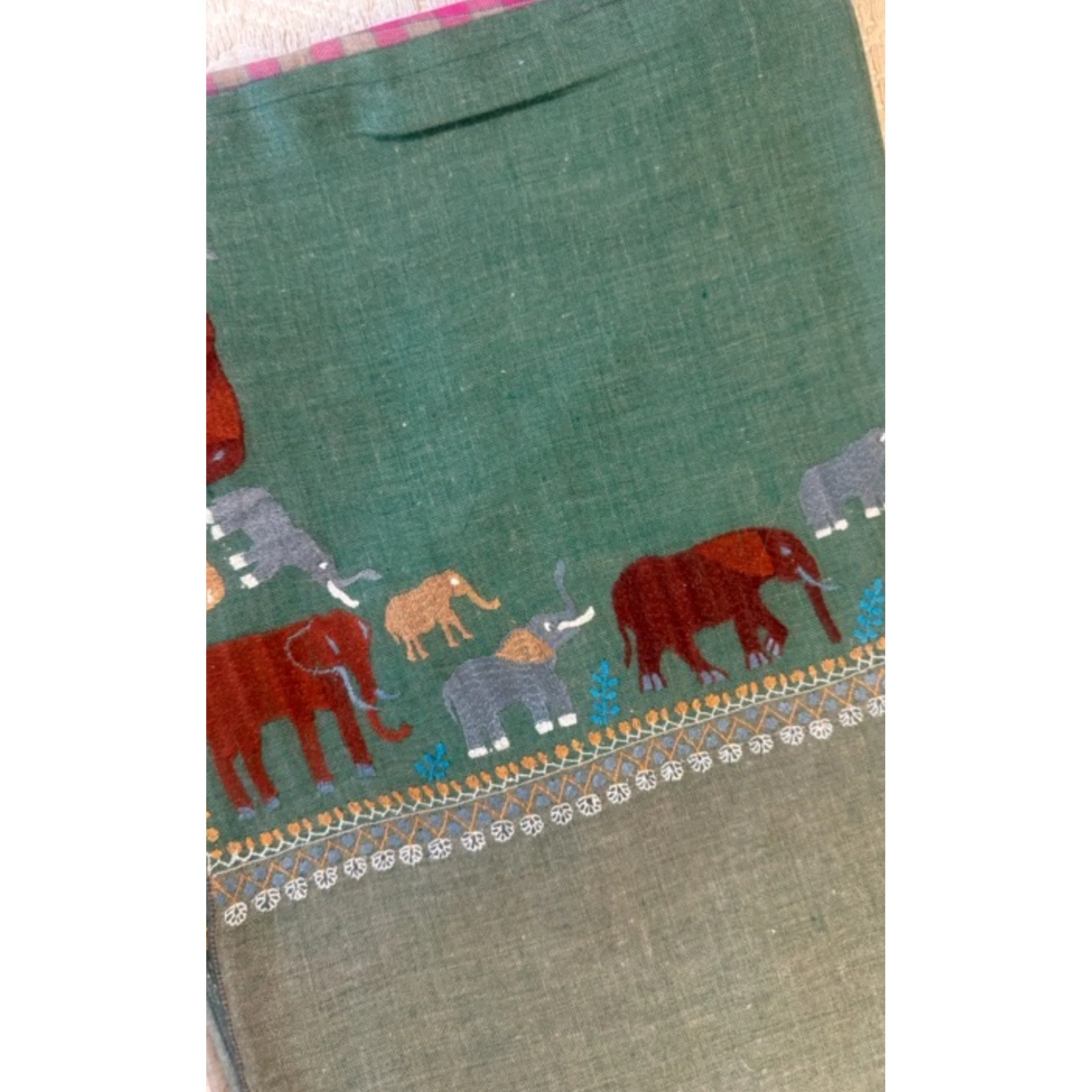 Teal/Beige Shawl With Embroidered Elephants