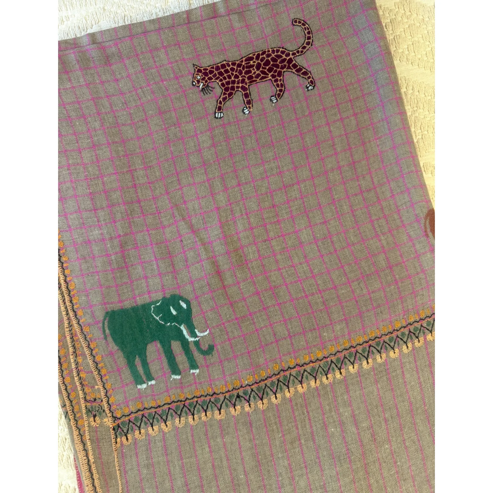 Pink/Khaki Check Shawl With Embroidered Elephants & Tigers