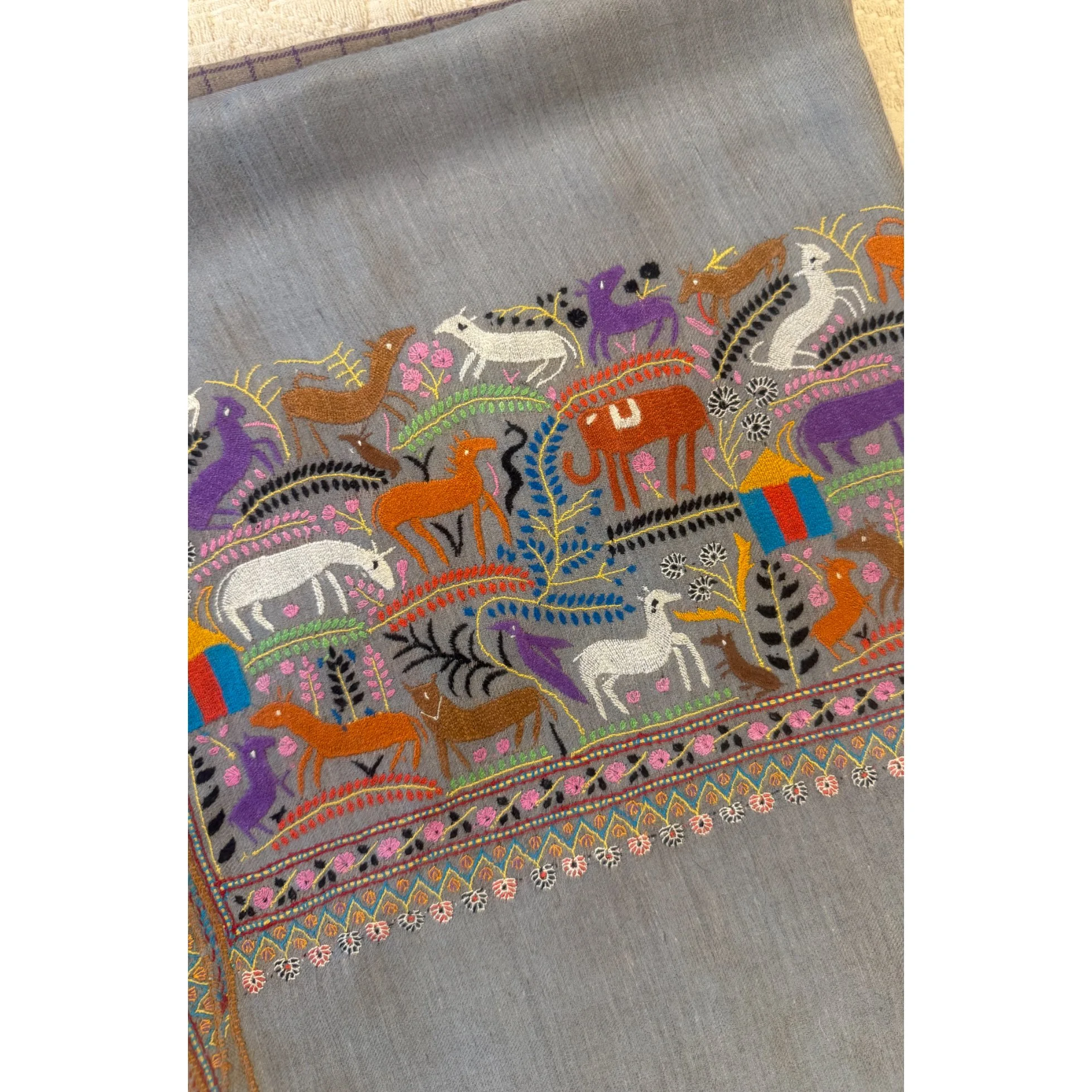 Solid Gray Shawl With Embroidered Animals