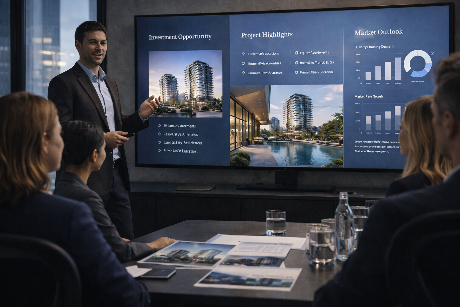 A man in a suit presenting a real estate project to a group of professionals in a conference room with a large screen displaying building images, project highlights, and market data.