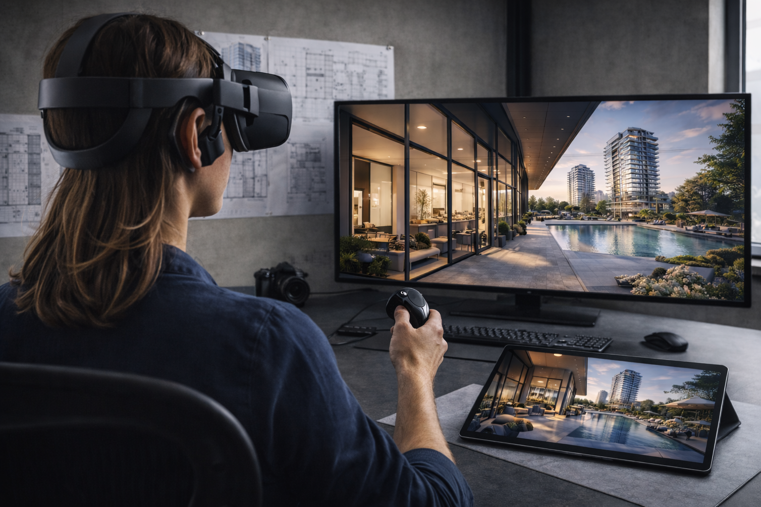 Person using a virtual reality headset and a joystick, viewing a 3D rendering of a modern apartment complex with a pool on a large monitor and a tablet.
