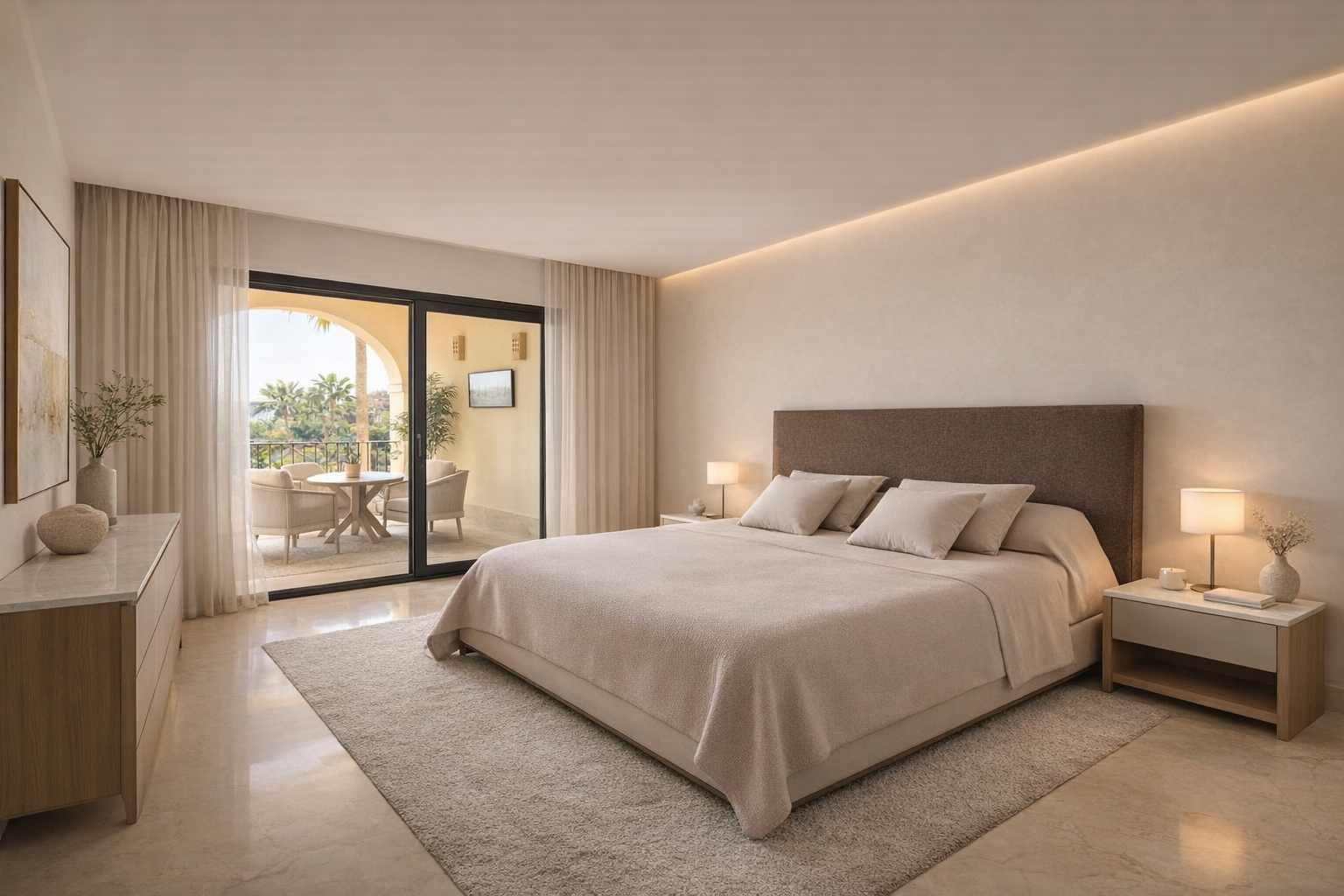 Modern bedroom with king-size bed, beige bedding, wooden nightstands with lamps, sliding glass door to balcony with outdoor seating, neutral decor, and tropical view