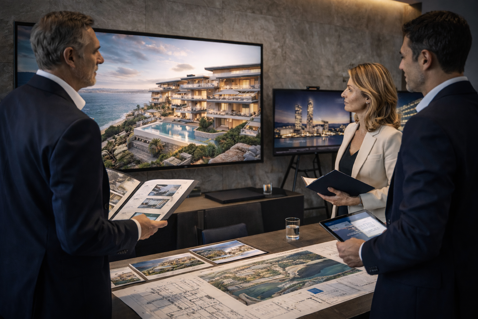 Three professionals in business attire discussing architectural plans and visualizations of a luxury waterfront development in a meeting room.