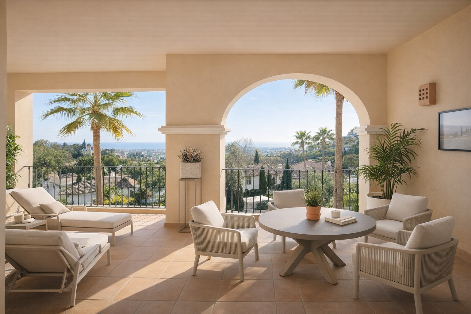 View of a balcony with outdoor furniture, including lounge chairs and a round table, overlooking a landscape with palm trees and houses under a clear blue sky.