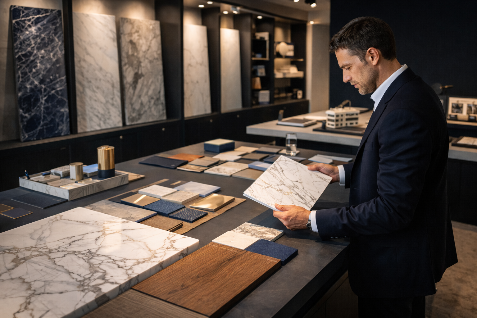 A man in a dark suit examines marble and tile samples in a showroom with display panels of marble on the wall.