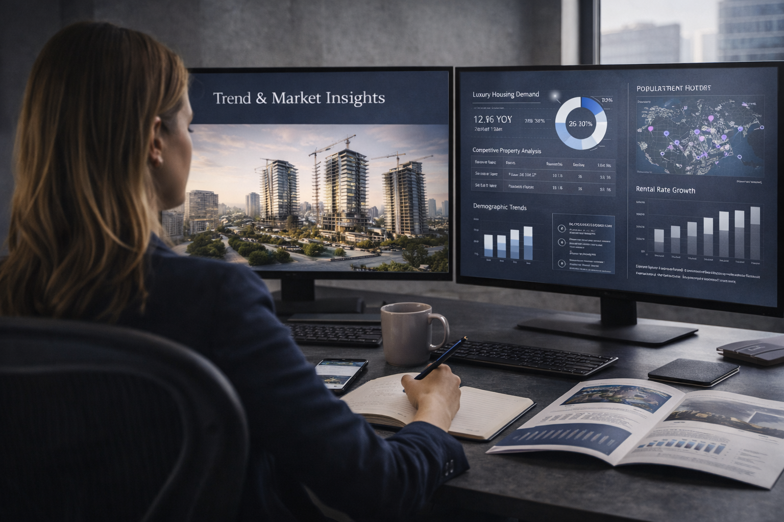 Woman analyzing real estate market data on dual monitors, with charts showing housing demand, demographic trends, and rental growth, surrounded by documents and a mug.