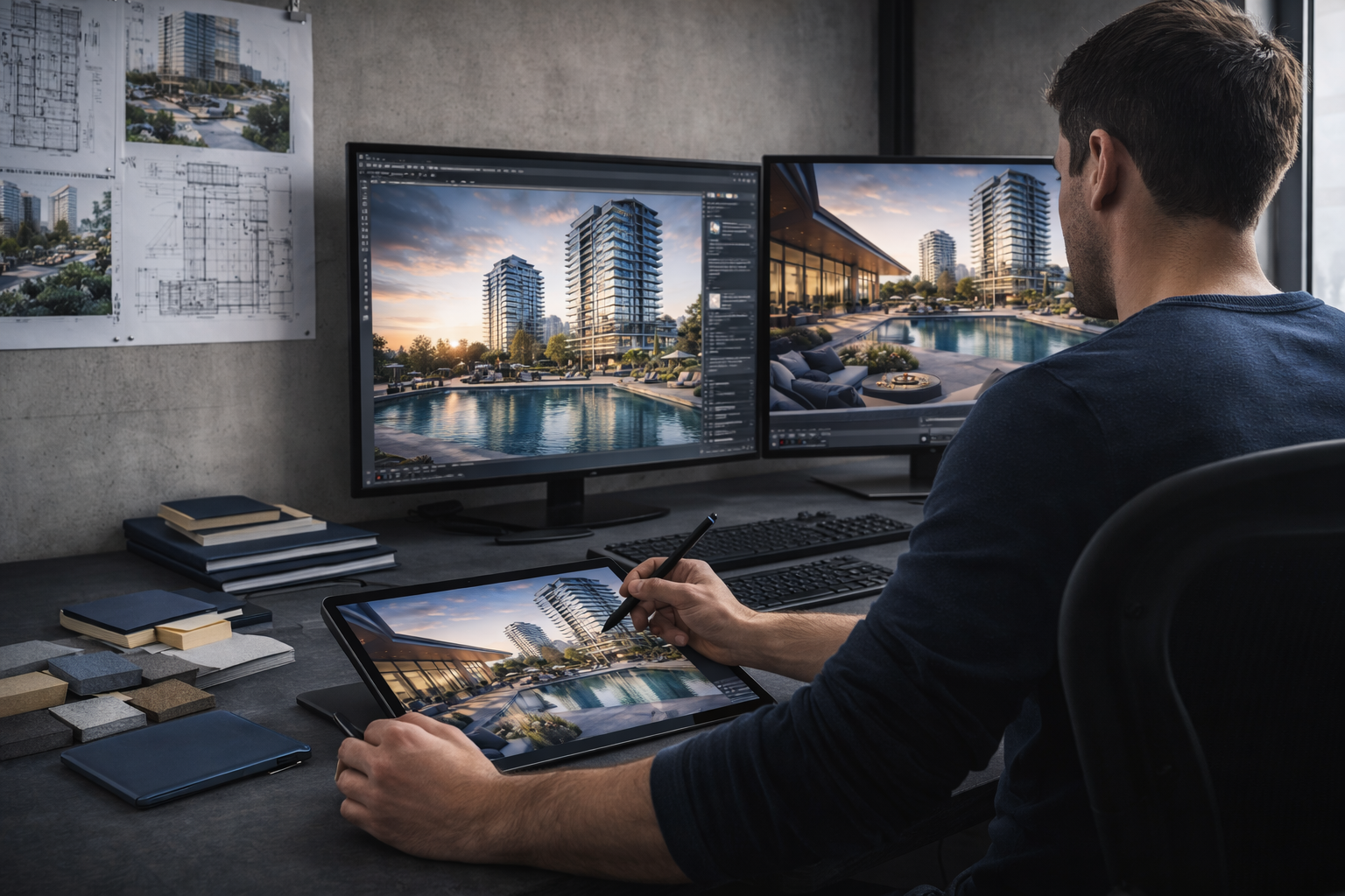 An architect or designer working on digital renderings of modern high-rise buildings and a pool area on dual monitors and a tablet, with architectural plans and samples on the desk.