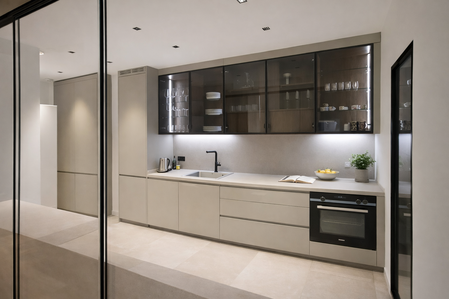 Modern minimalist kitchen with beige cabinets, black glass-front upper cabinets, stone countertop, built-in oven, black faucet, potted plant, bowl of lemons, open book, and glass doors reflecting the room.