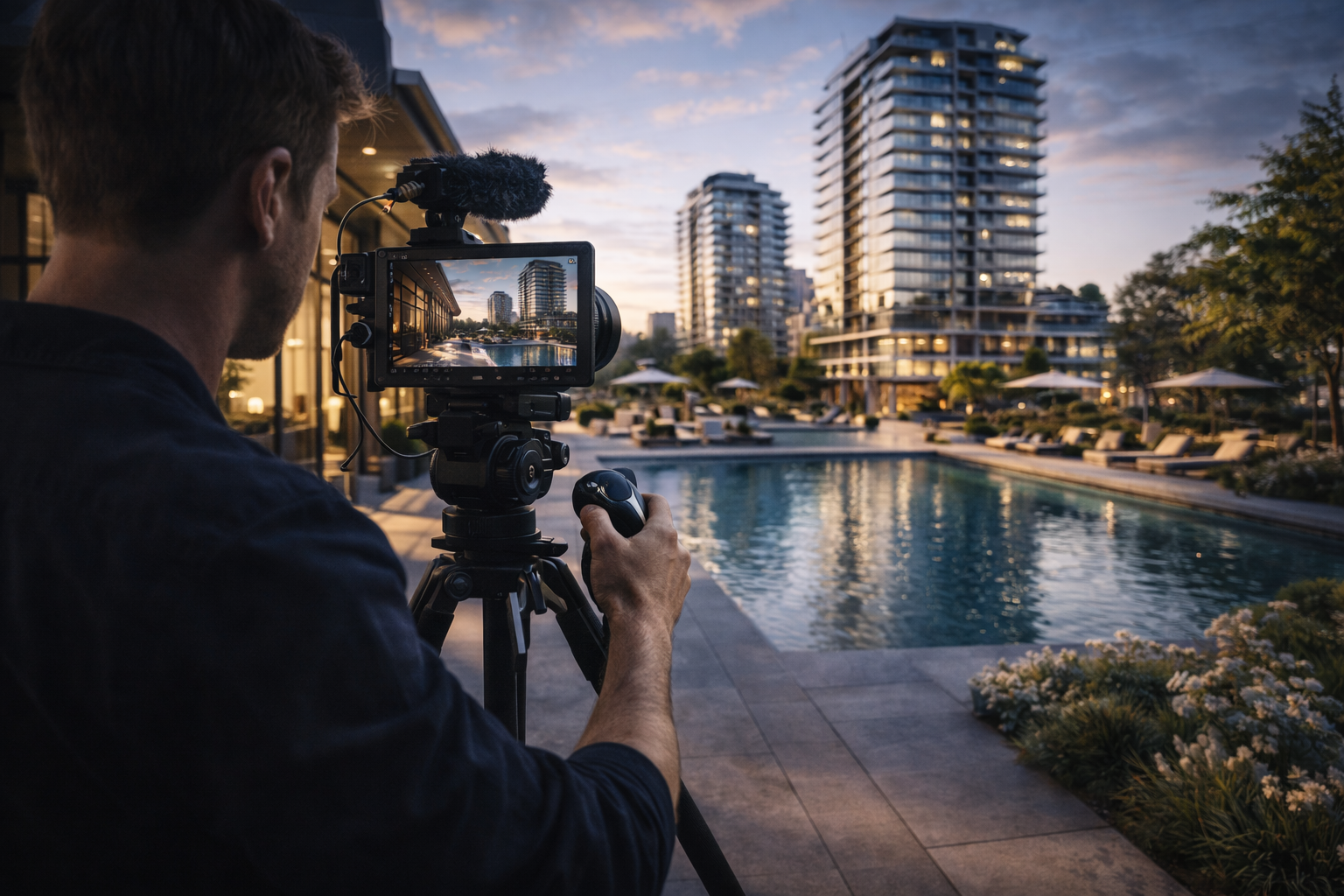 A person operating a camera by a swimming pool at sunset in an urban area with tall modern buildings.