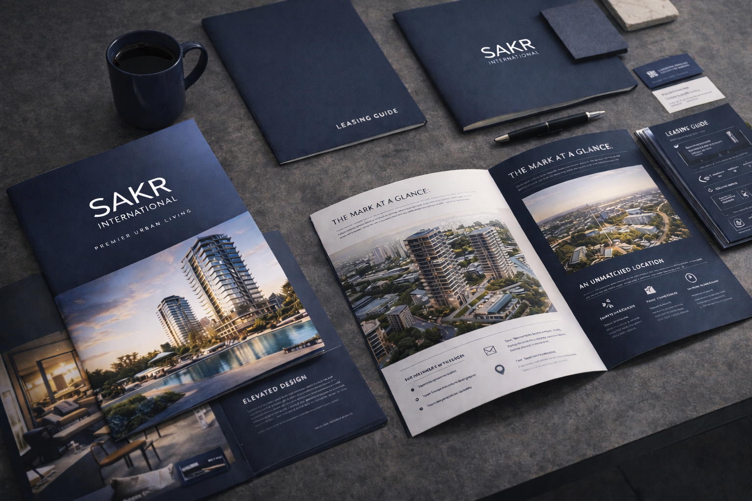 Brochures, a business card, and a pen on a table featuring an architectural development called SAKR International, including images of modern buildings and development plans.