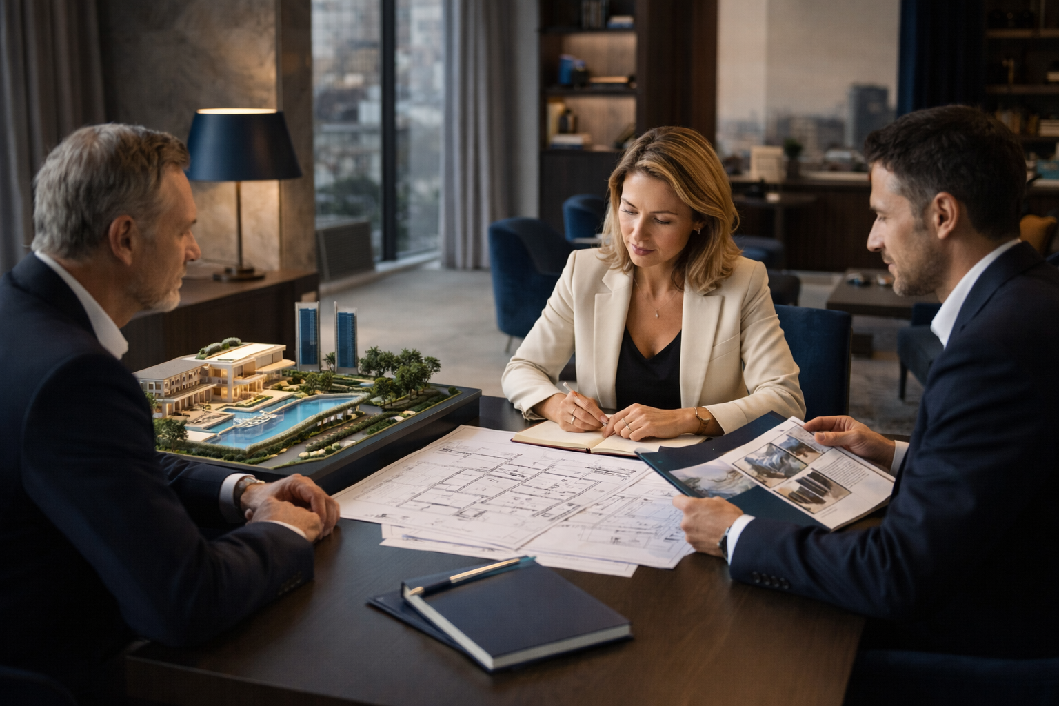 Three professionals in suits sit at a table discussing a detailed architectural scale model of a building complex, with blueprints and brochures in a modern, well-lit office.