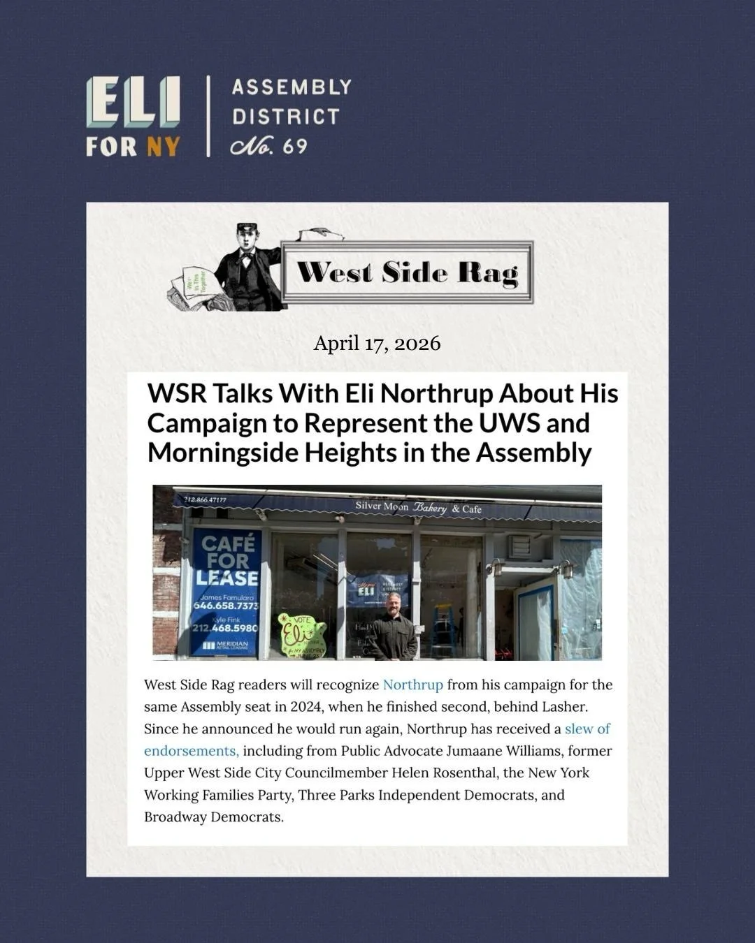 It was great to sit down with the West Side Rag to discuss my decision to run once again, my favorite spots on the Upper West Side, and where I stand on the issues that matter most to our neighborhood &mdash; housing, scaffolding, immigration, and co