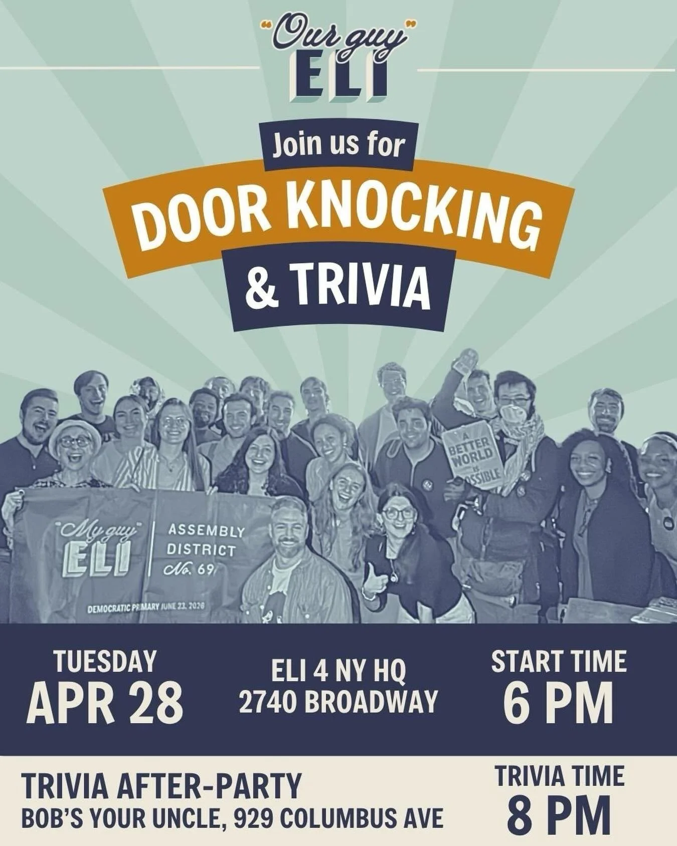 We had so much fun, we&rsquo;re doing it again! Trivia Night is back next Tuesday, April 28th. 🎉

Round 1: Start the night by canvassing with us, answering voters&rsquo; questions about Eli and his platform.  Don&rsquo;t worry, you&rsquo;ll have a c