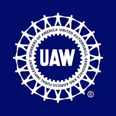 UAW white logo on dark blue background