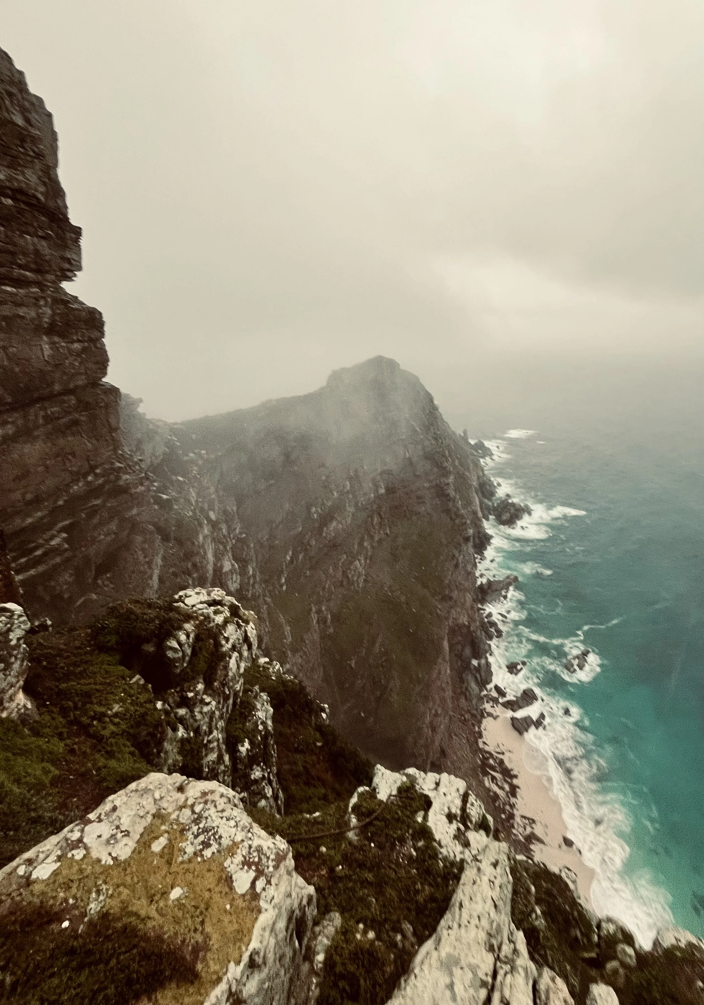 Cliffs overlooking the ocean on a cloudy day with rocks and vegetation in the foreground.