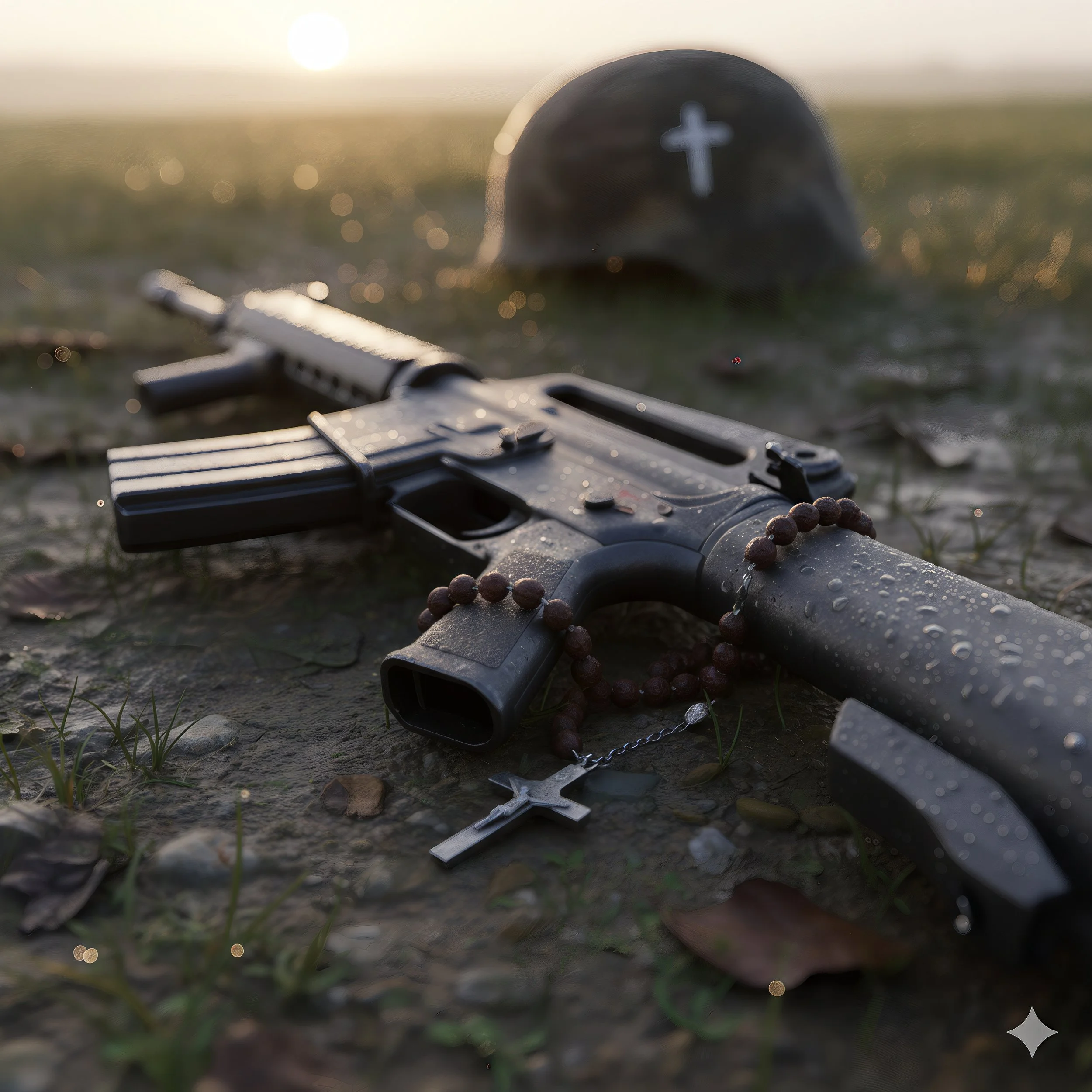 Assault rifle laying on the ground with a cross and chaplains helmet