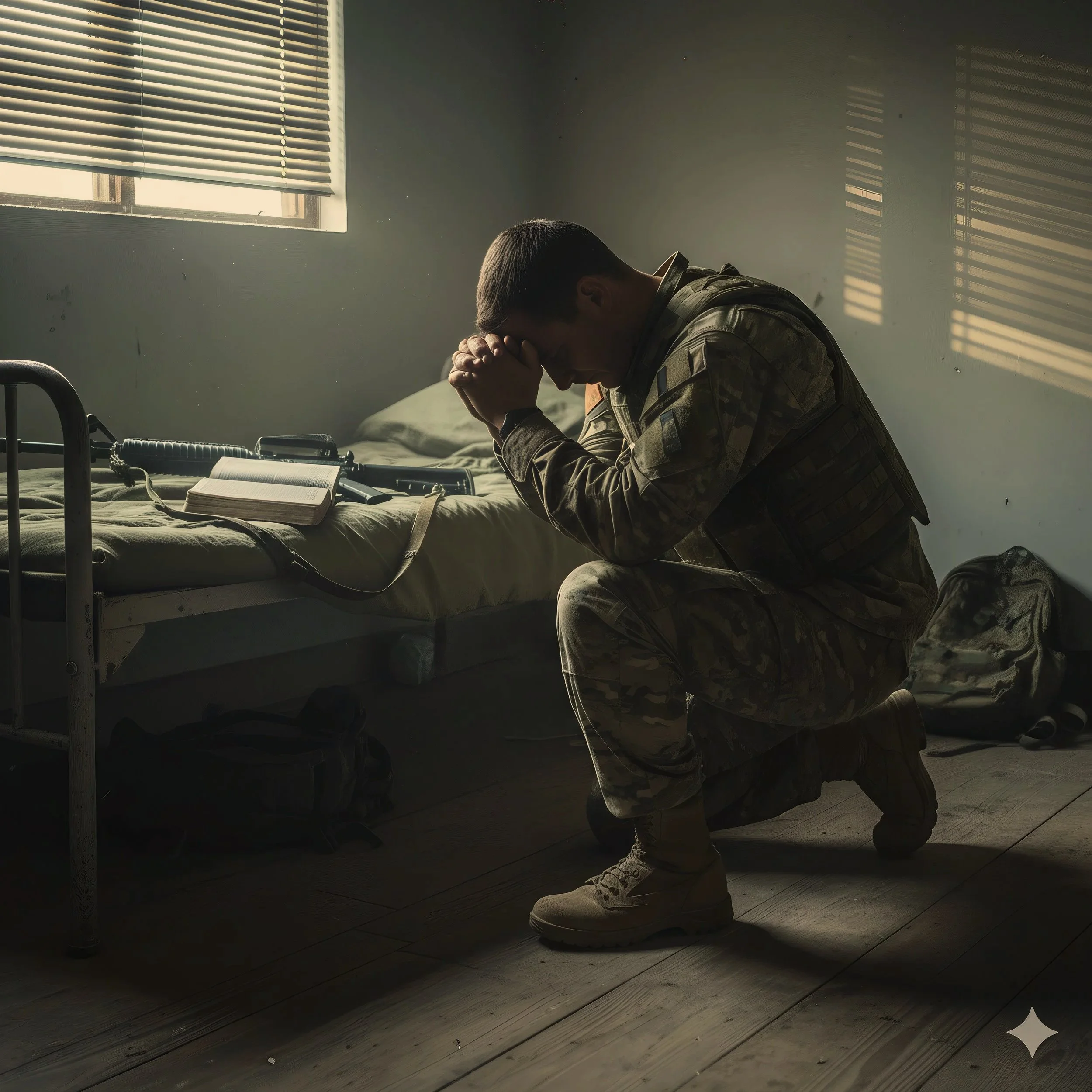A soldier in camouflage uniform kneeling in prayer beside a bed in a dimly lit room, with sunlight streaming through closed blinds.