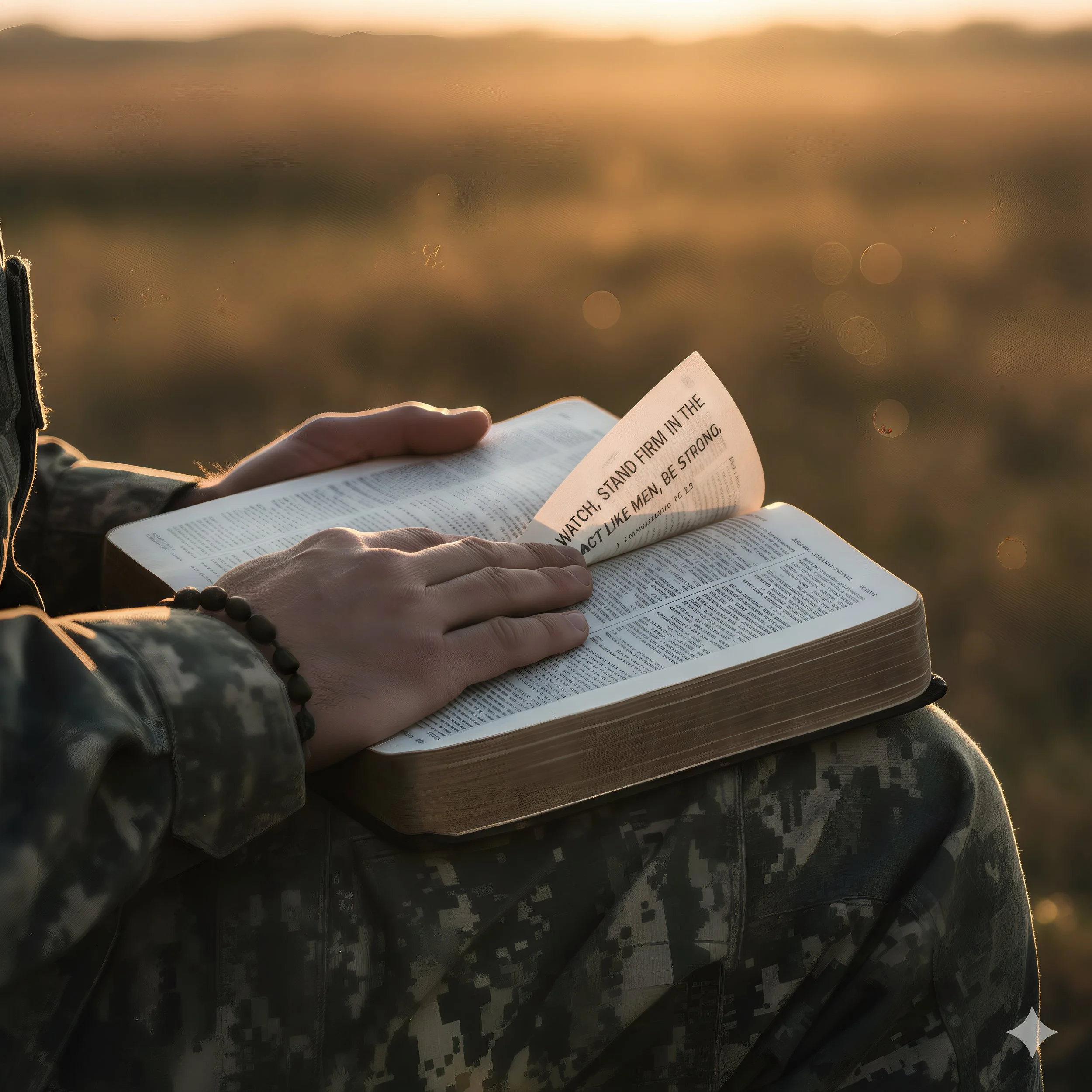 Bible resting open in the lap of a soldier