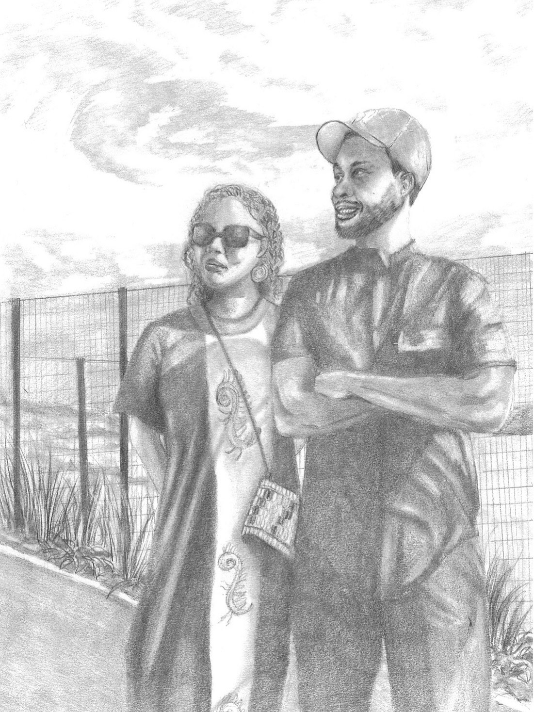 A pencil sketch of a man and woman standing outdoors by a fence, with clouds in the sky.