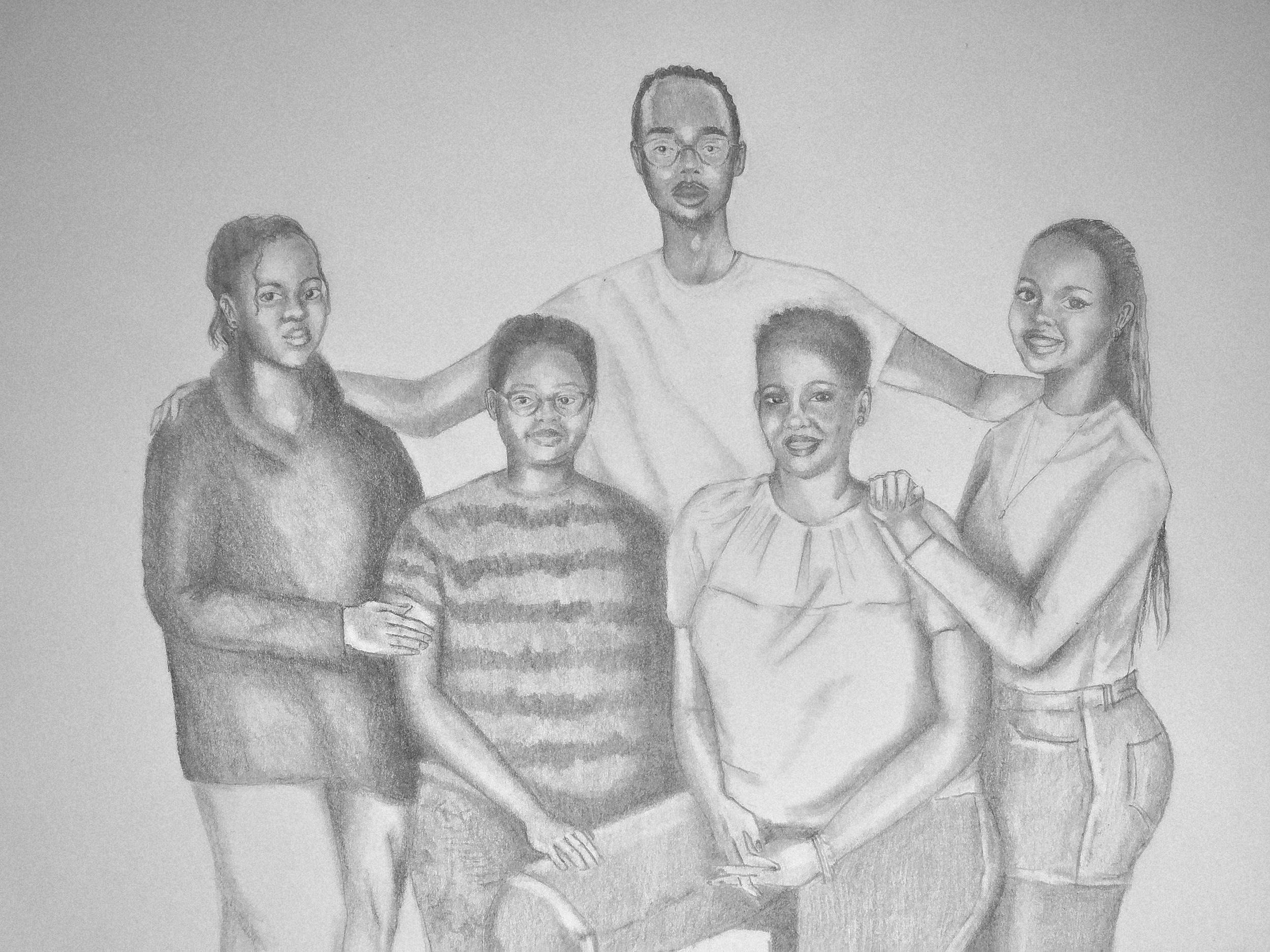 A pencil sketch of a family of five people.