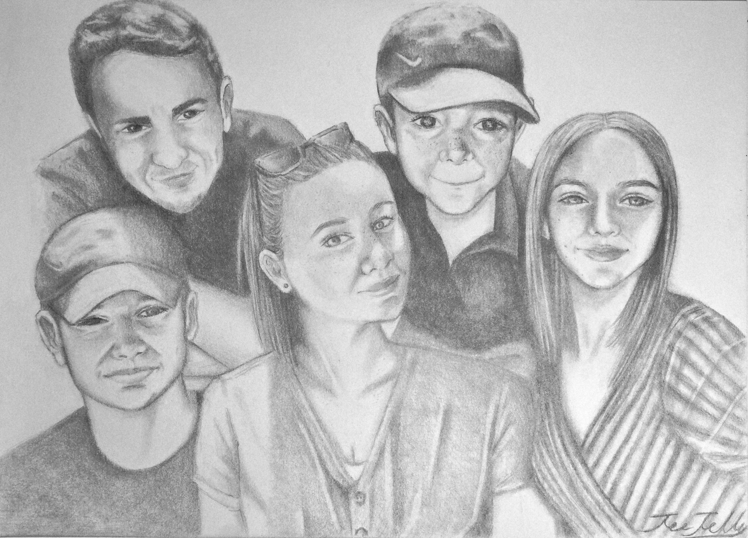 Black and white drawing of five people, three women and two men, close together and smiling, with two women in front and three men behind.