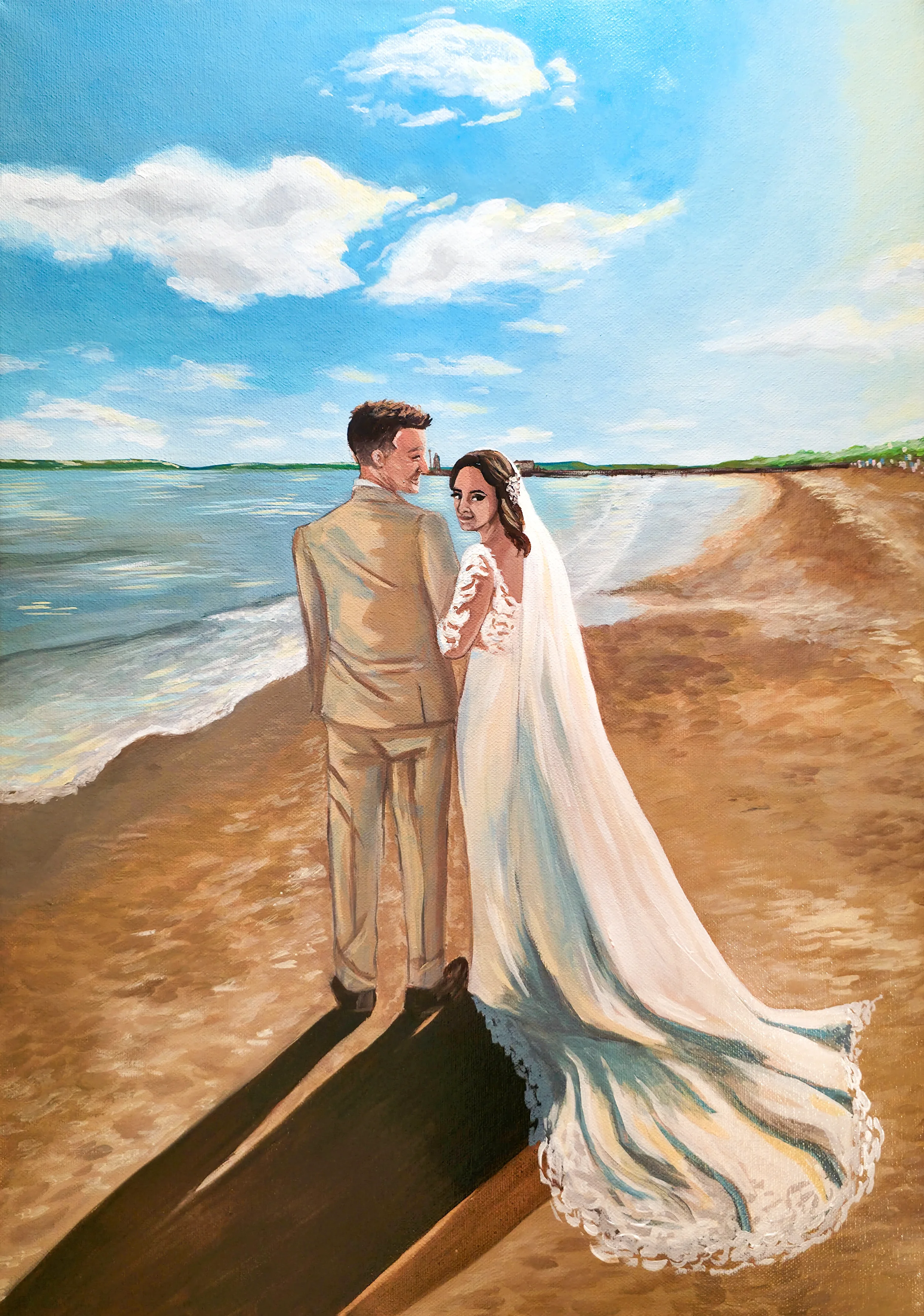 Painting of a couple dressed in wedding attire standing on a beach with waves and a cloudy sky in the background.