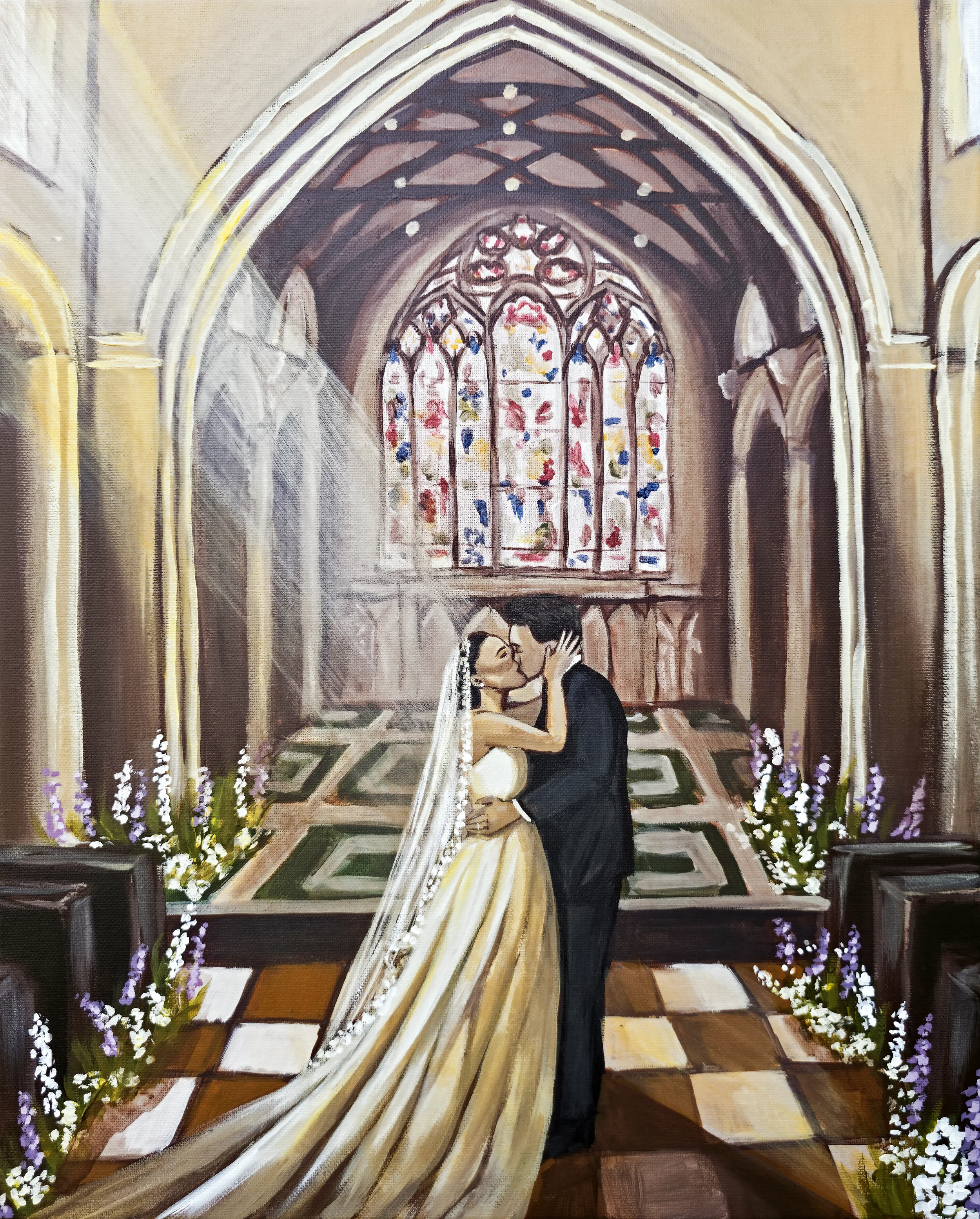 Newly-wed couples' first kiss inside a grand church