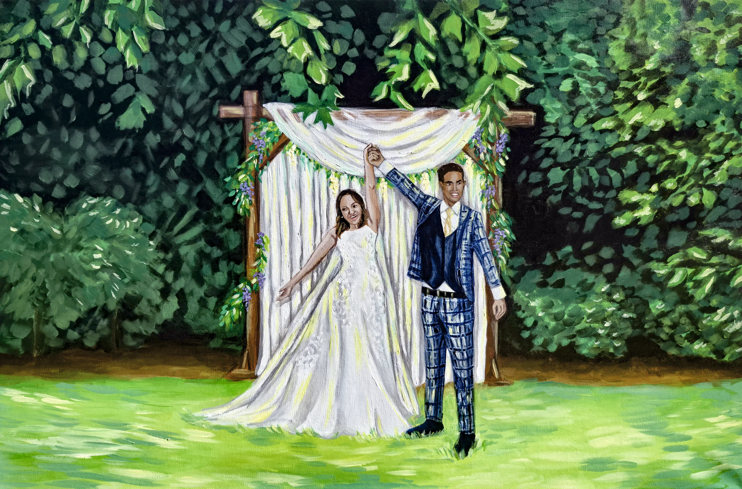 A painting of a wedding scene with a bride and groom holding hands under a decorated archway surrounded by green foliage.