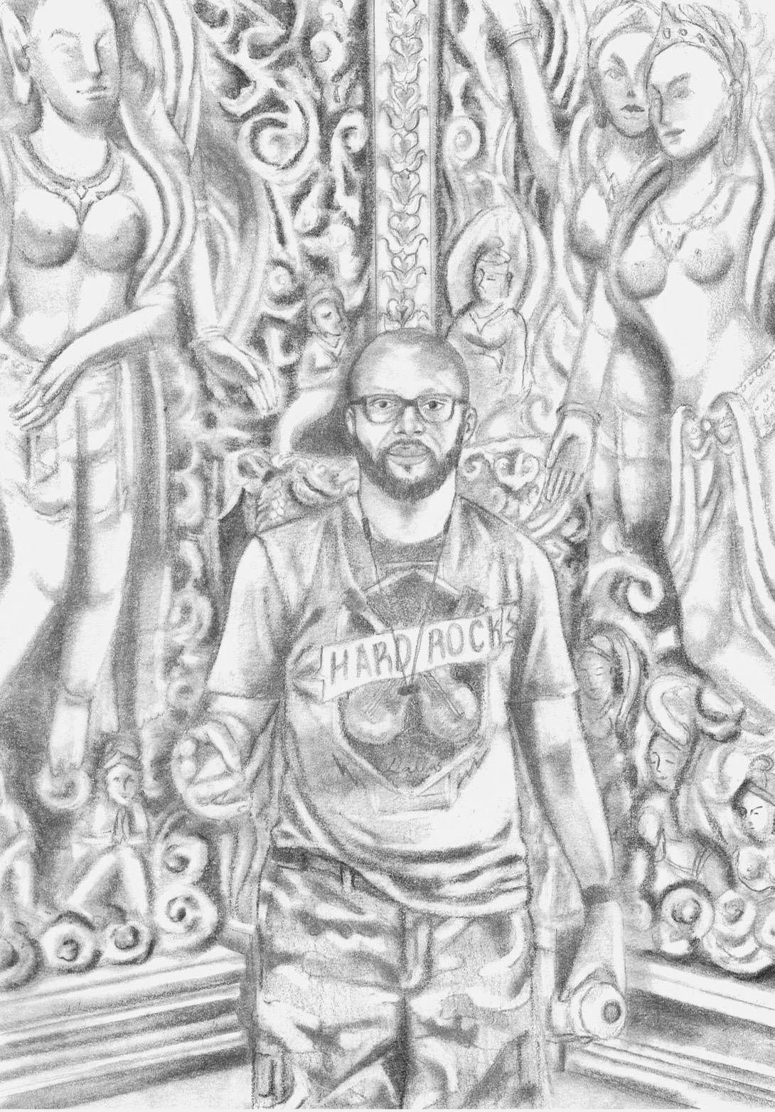 Photograph of a man with glasses and a beard in front of an ornate background with mythological figures.