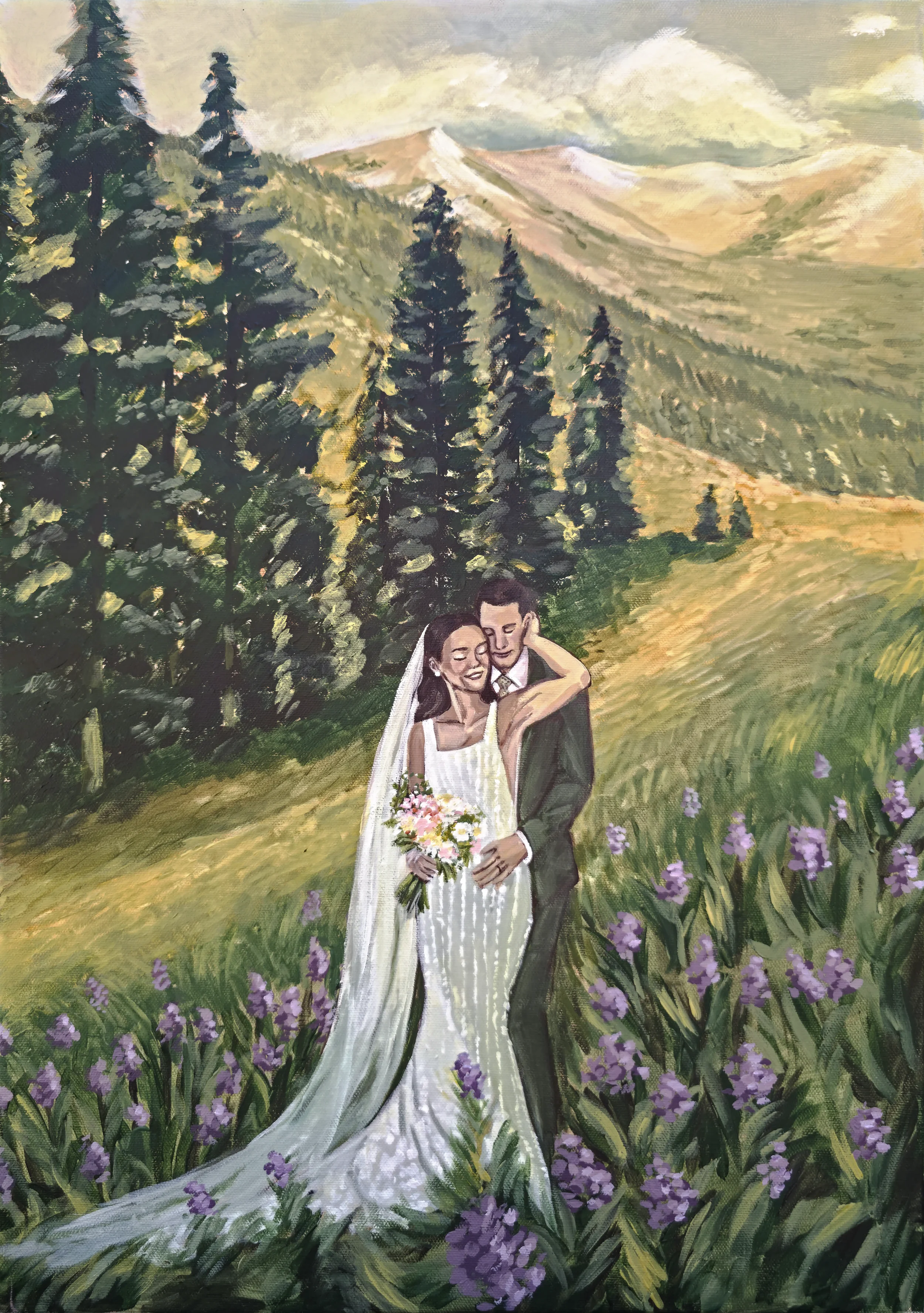 A painting of a couple outside in a grassy field