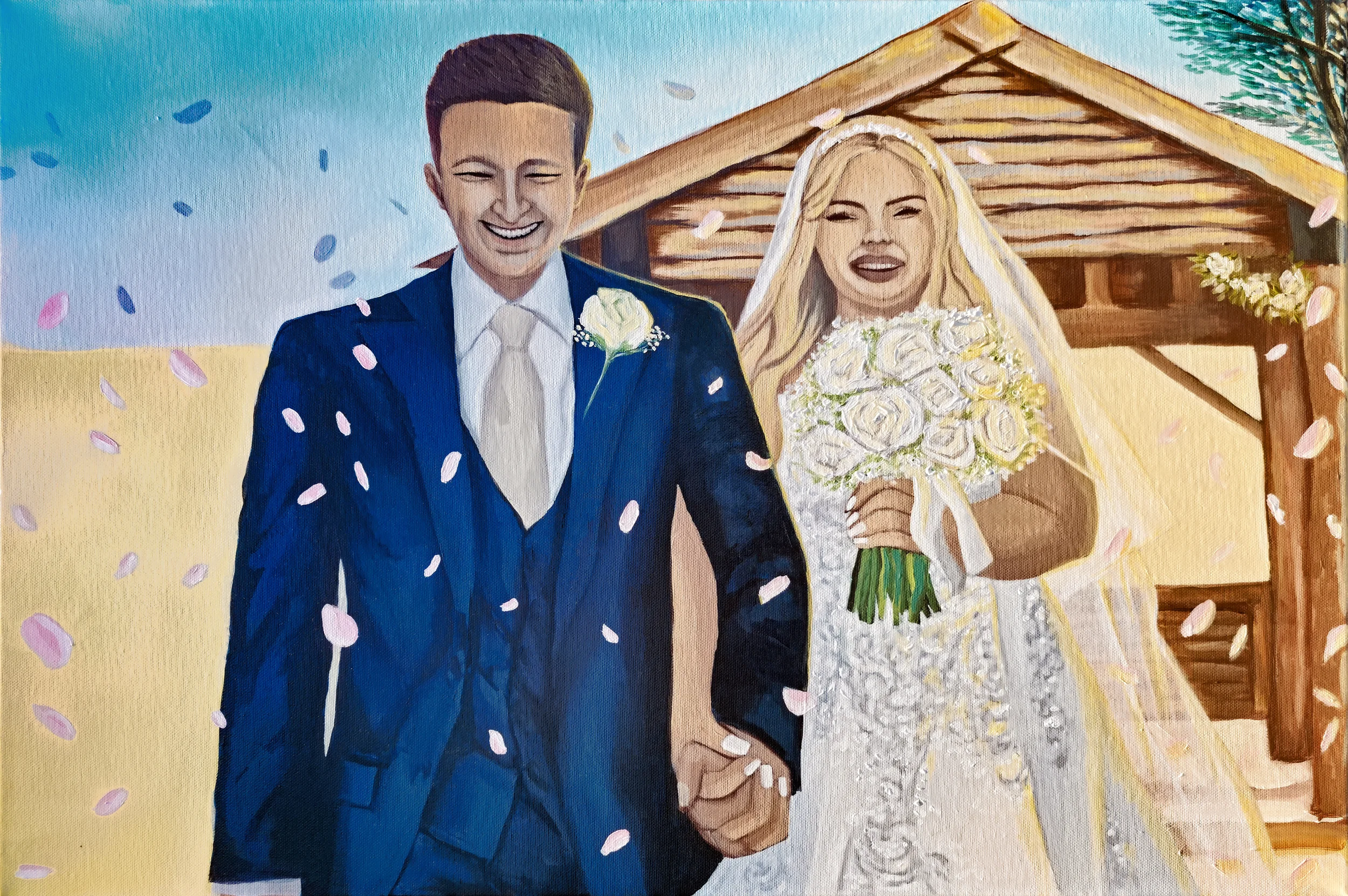 A painting of a happy couple on their wedding day holding hands in front of a wooden house, with falling pink flower petals around them.