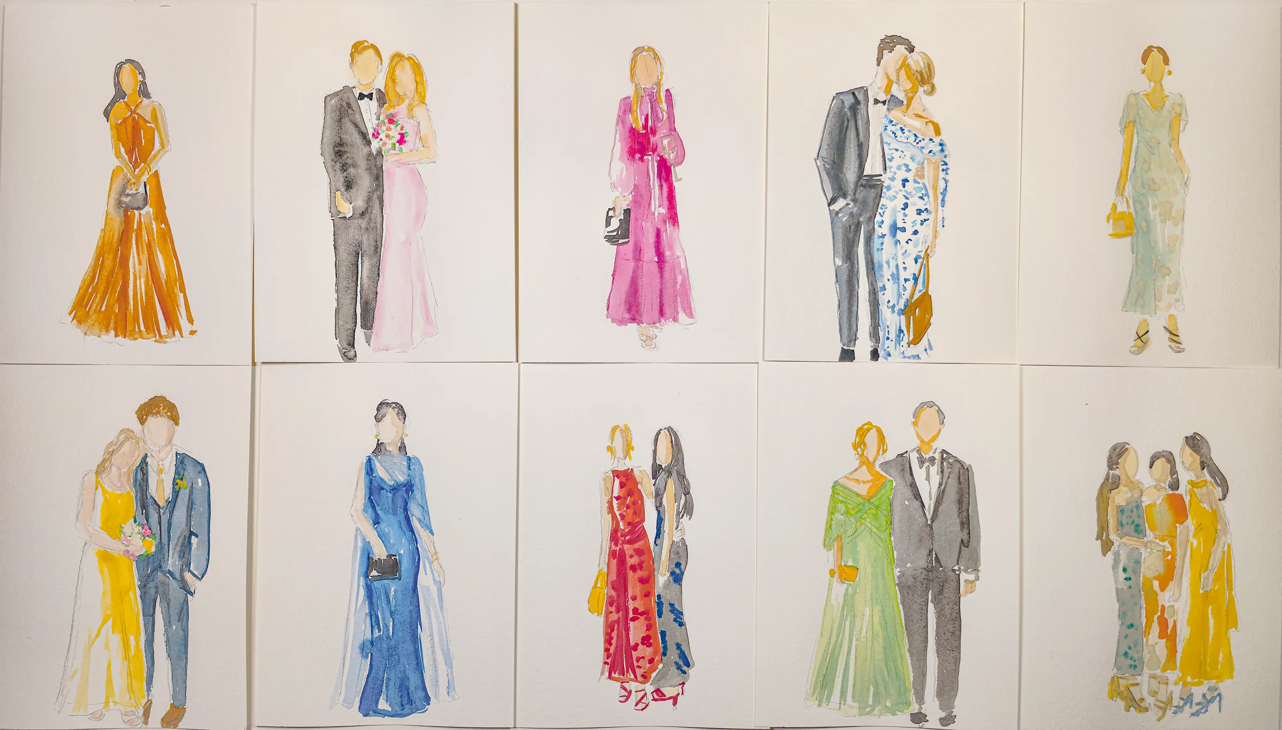 A wall decorated with watercolor illustrations of people dressed in formal and semi-formal attire, including women in gowns and men in tuxedos, some in pairs and others individually.