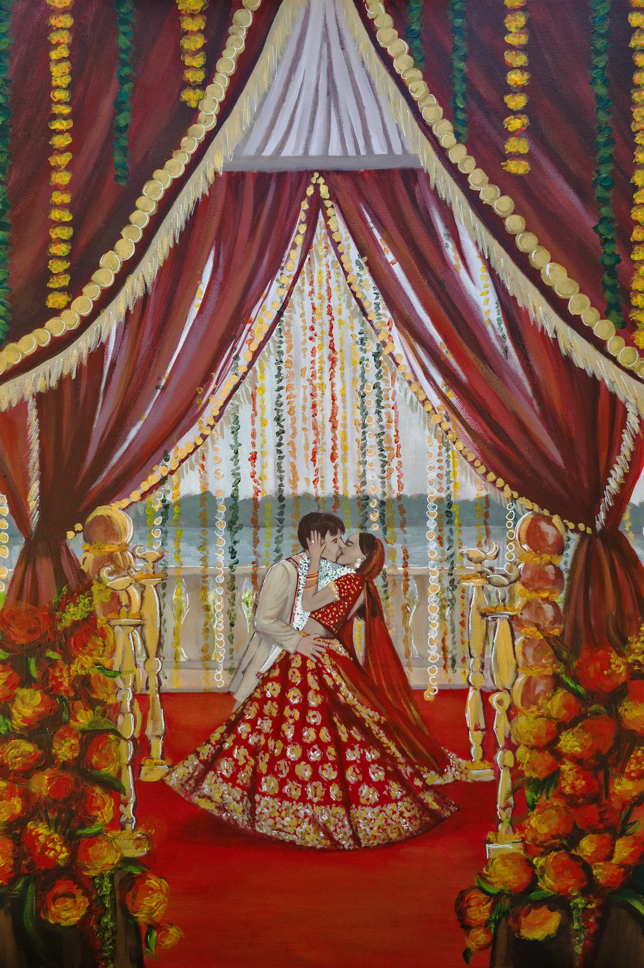 A painting of a couple at their Hindu wedding