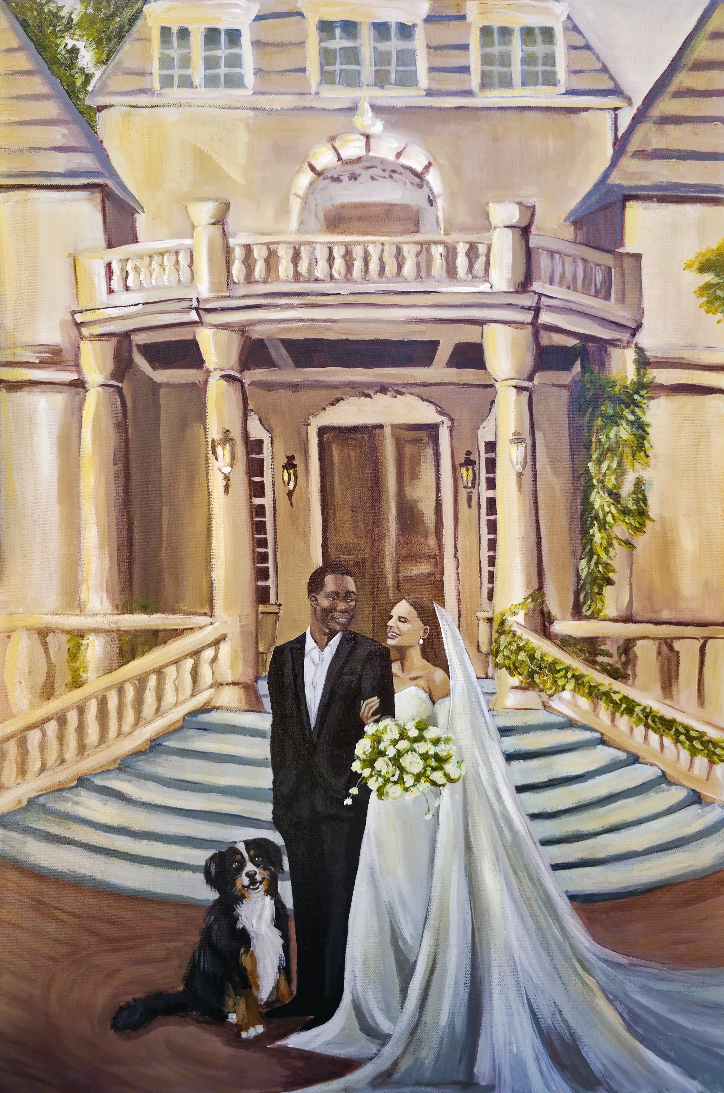 A painting of a couple outside the estate of their wedding venue