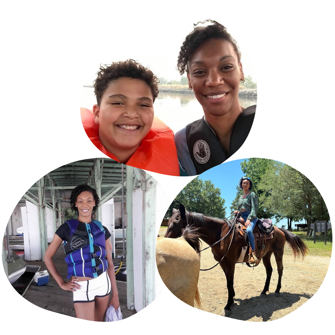 A collage of three photos featuring a woman and a girl in outdoor settings. In the top photo, they are near a body of water, smiling. In the bottom left photo, the girl stands on a boat dock wearing a life jacket. In the bottom right photo, the woman rides a horse in a park with trees.