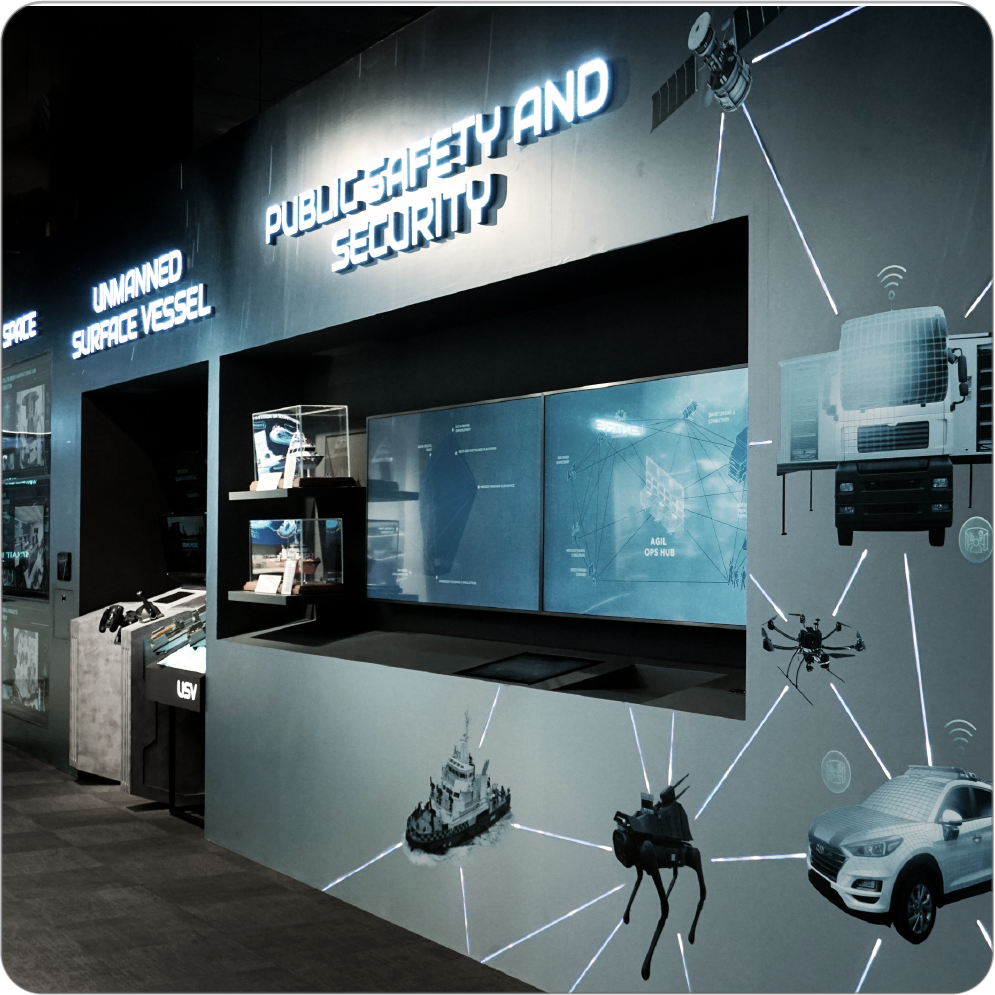 Exhibition design event design at public safety and security technology event, featuring images of unmanned surface vessels, drones, surveillance systems, and connected vehicles with illuminated signage and graphical representations.