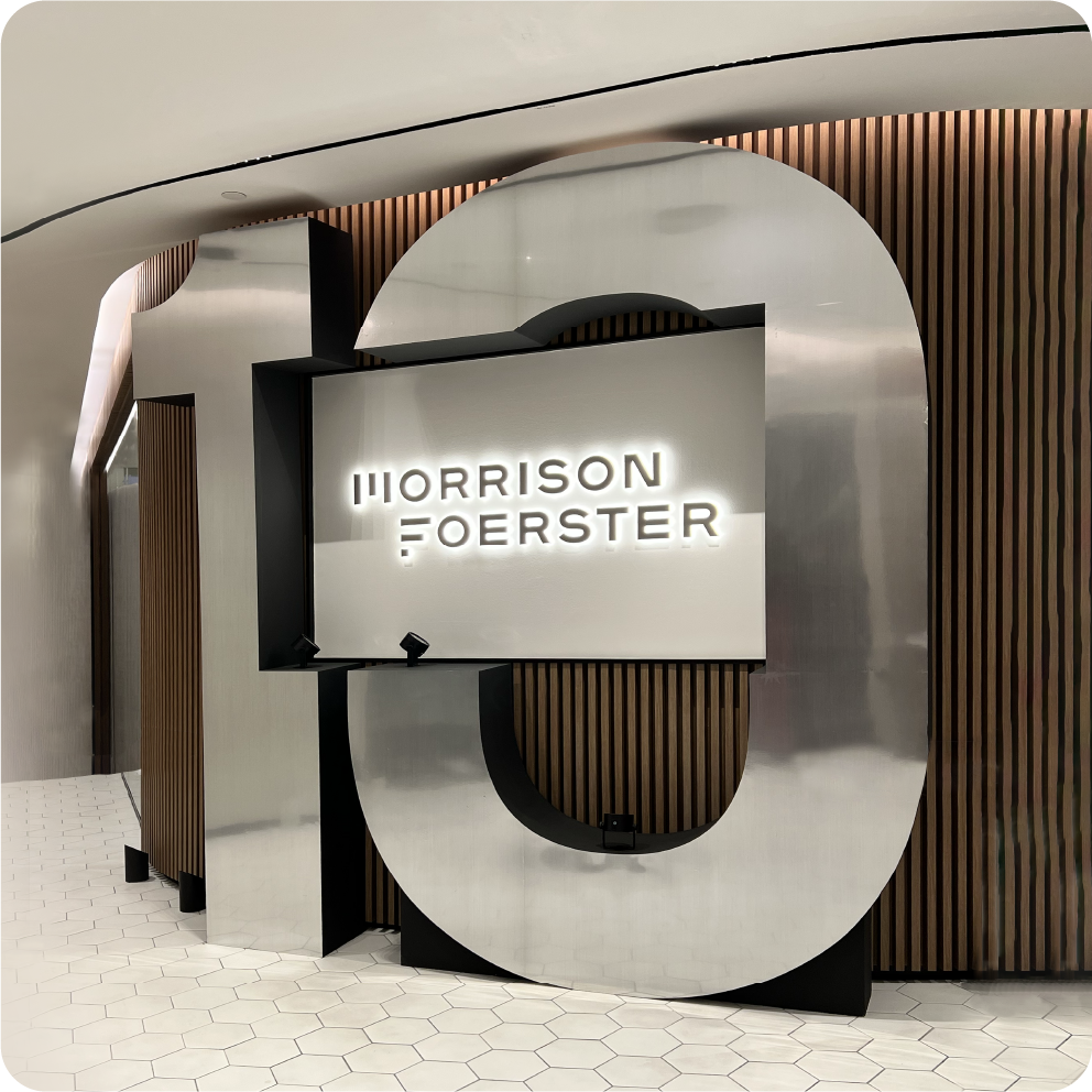 Morrison Foerster metal signage spatial design by Studio Mojo - brand design, spatial design, showroom design, experiential design, office interior design Singapore