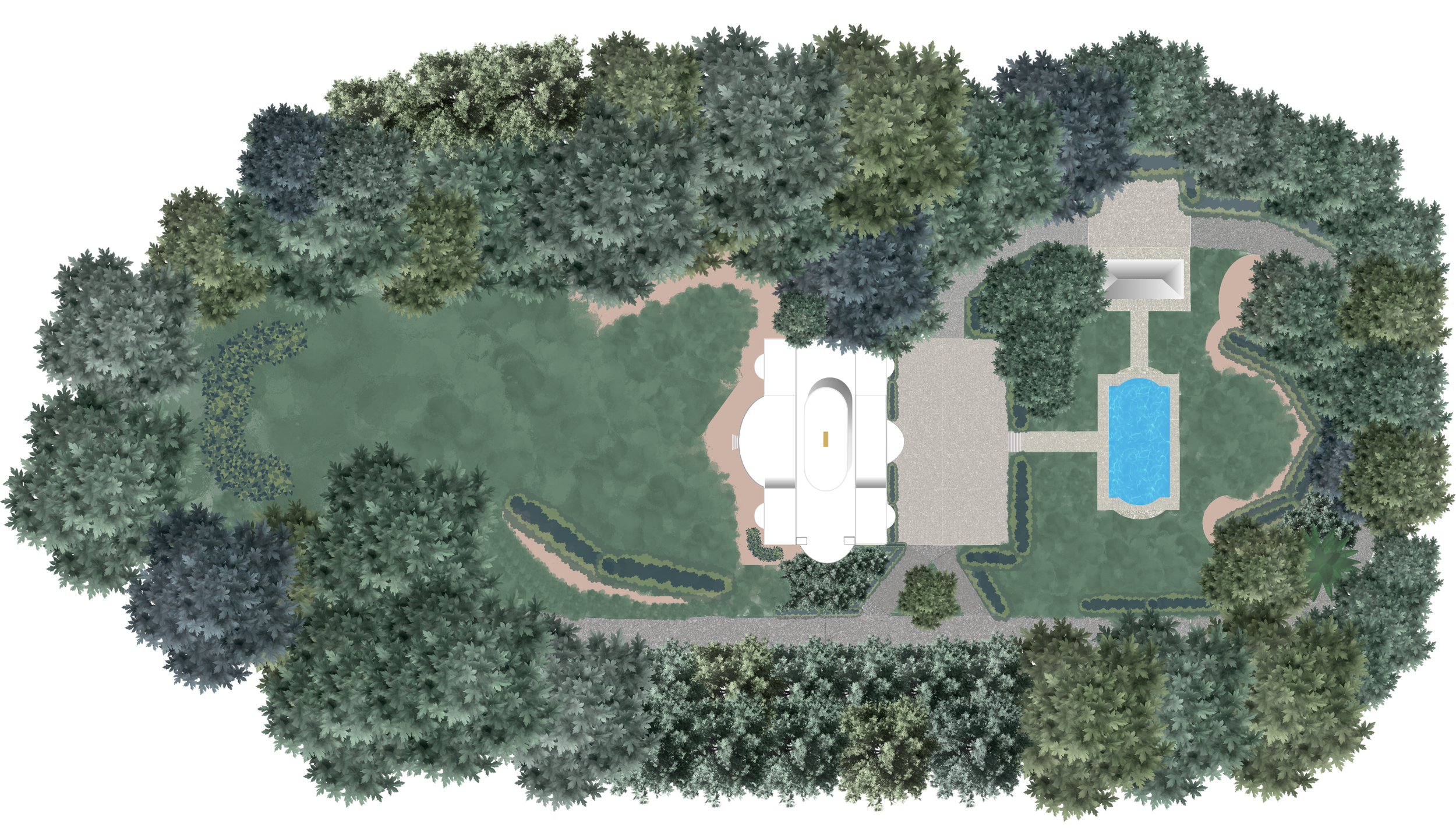 Top-down view of a large private backyard with a variety of trees, a lawn, a swimming pool, paved pathways, and a white building structure.