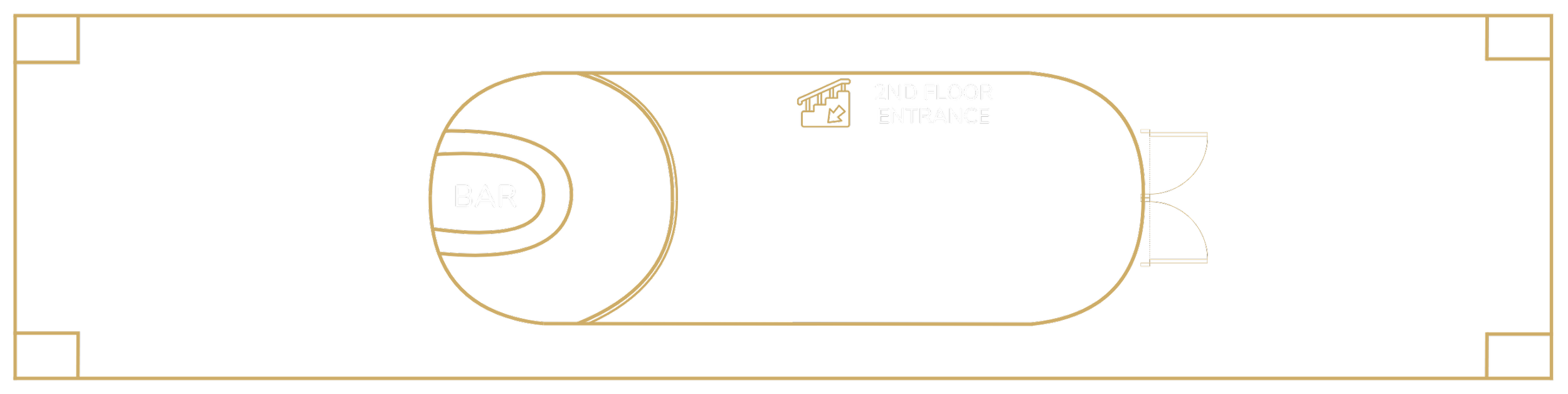 Floor plan of a venue with a bar area, a second floor entrance, and double doors at the front.