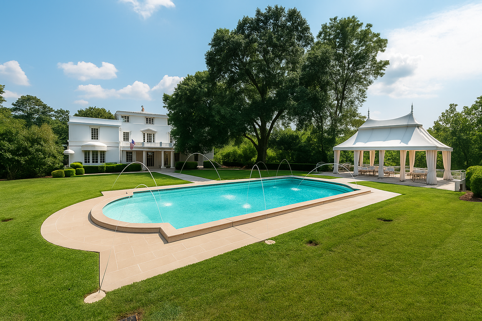 A luxurious backyard with a swimming pool, a large tree, a white house in the background, and a white pavilion gazebo.