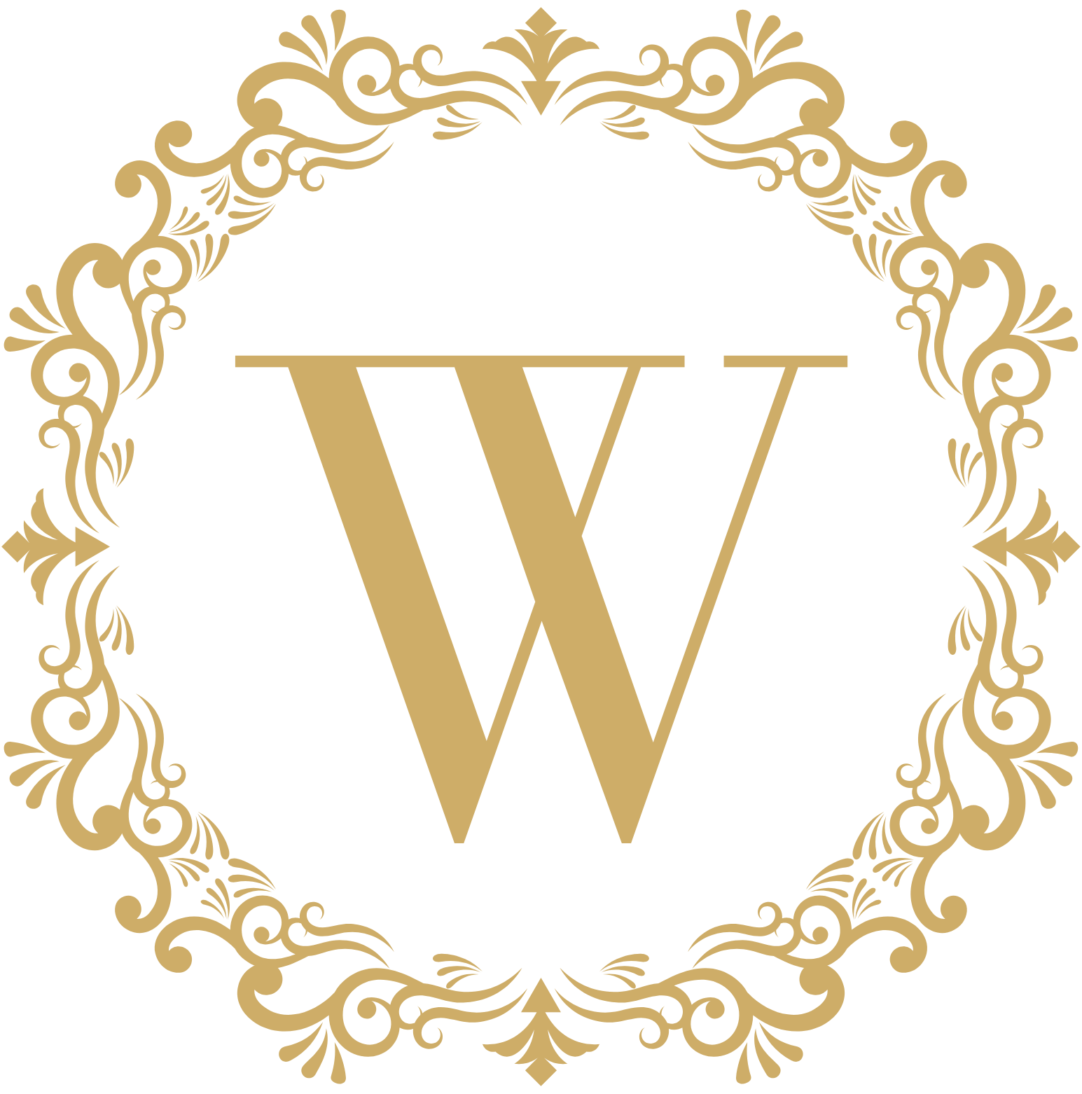 A black background with a gold ornate wreath surrounding the letter W in gold.