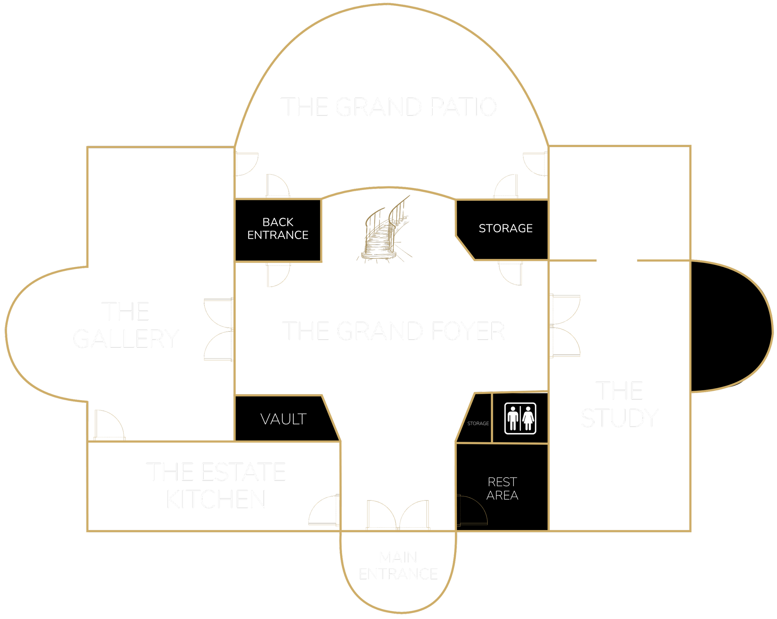 Floor plan of a house with a central grand foyer, leading to galleries, a kitchen, study, storage, and a grand patio, with labeled main, back, and vault entrances.